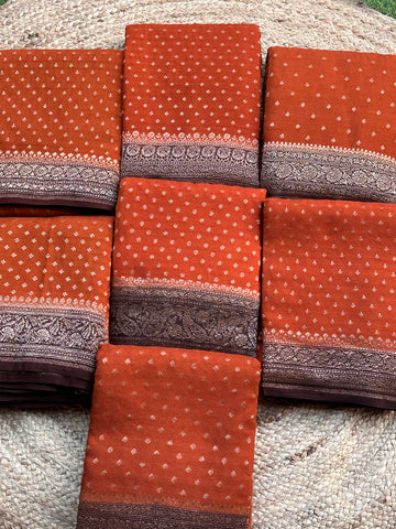 Rust orange and coffee brown Pure crepe chiffon Banarasi sarees