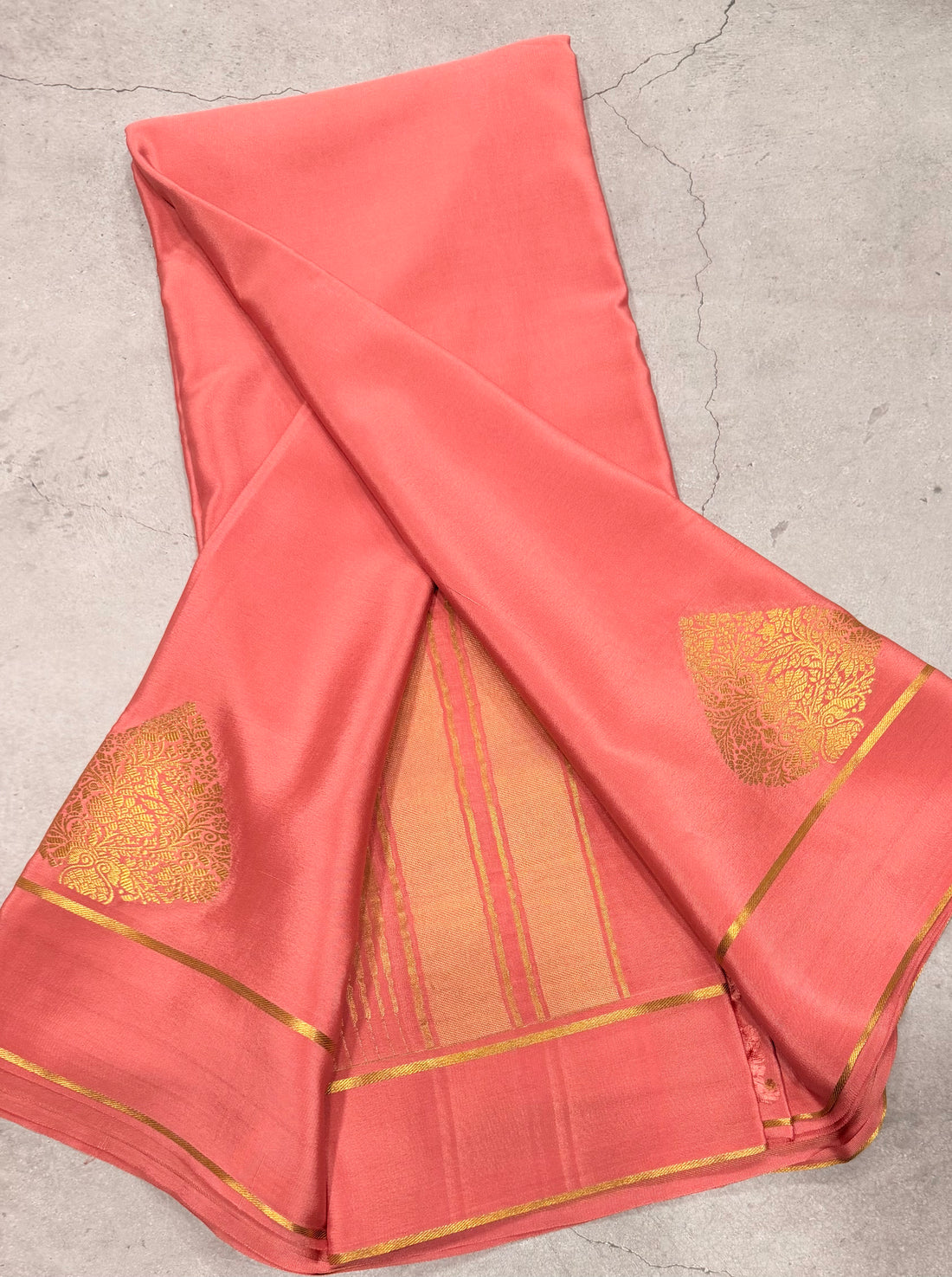 Pastel pink leaf big butta pure Mysore silk crepe saree