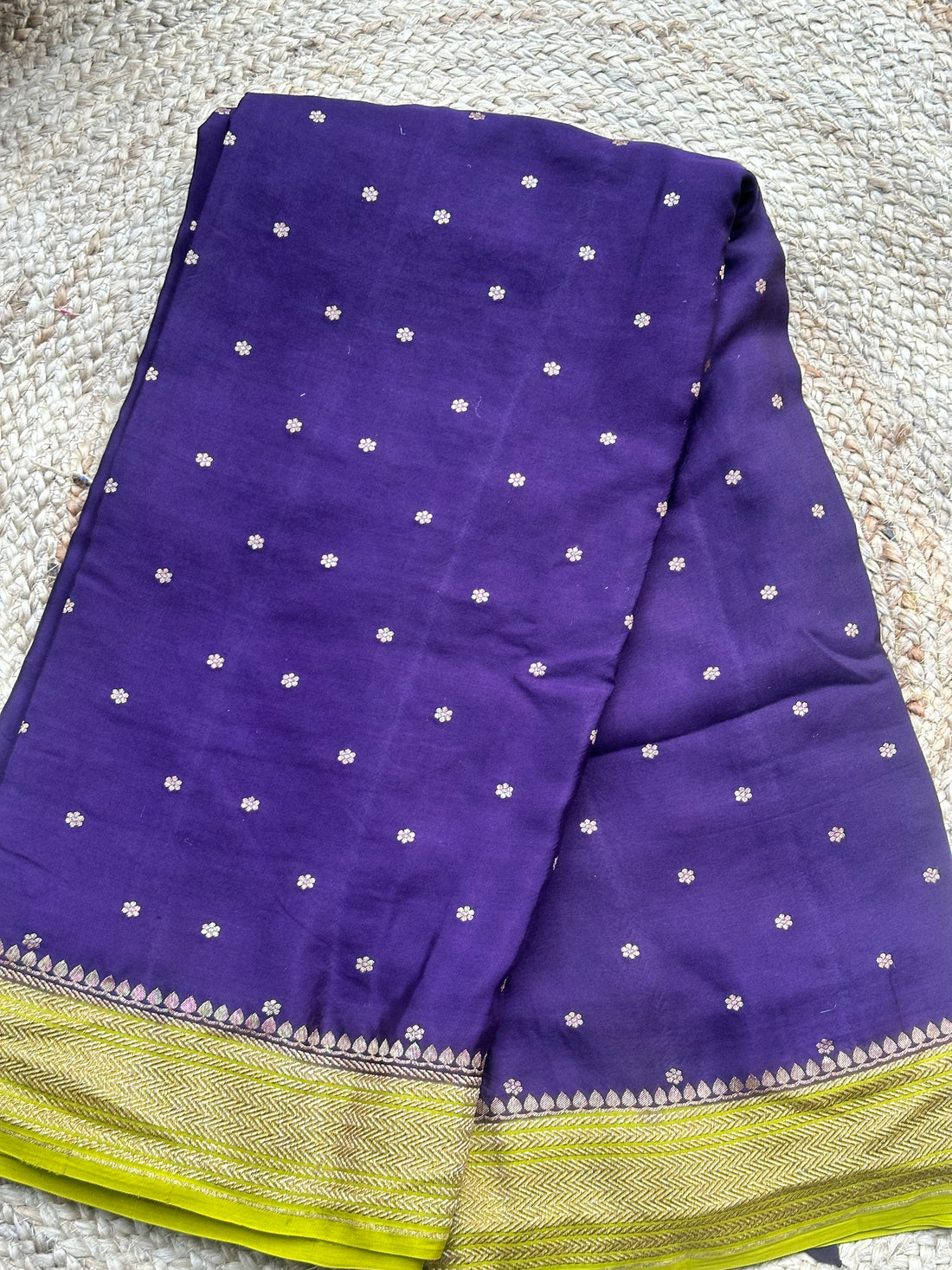 Dark purple with neon green pure crepe Banaras silk sarees
