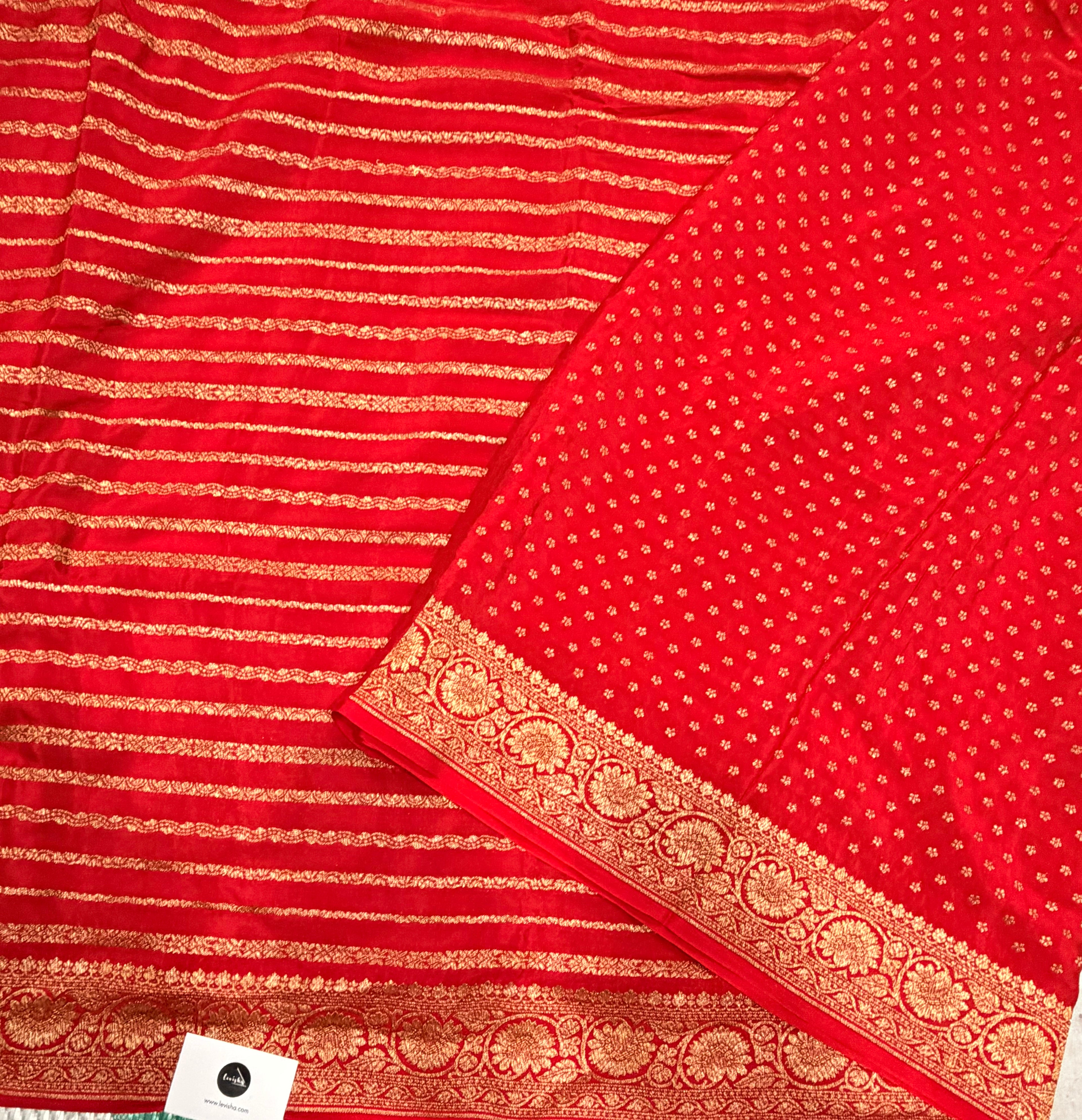 Red stripes pure benarasi crepe silk saree