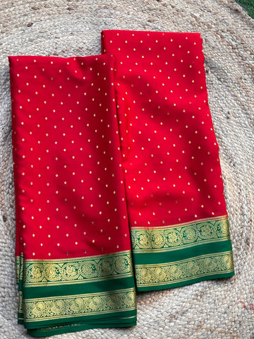 Red and green pure crepe Mysore Silk sarees 130 gsm thousand butta