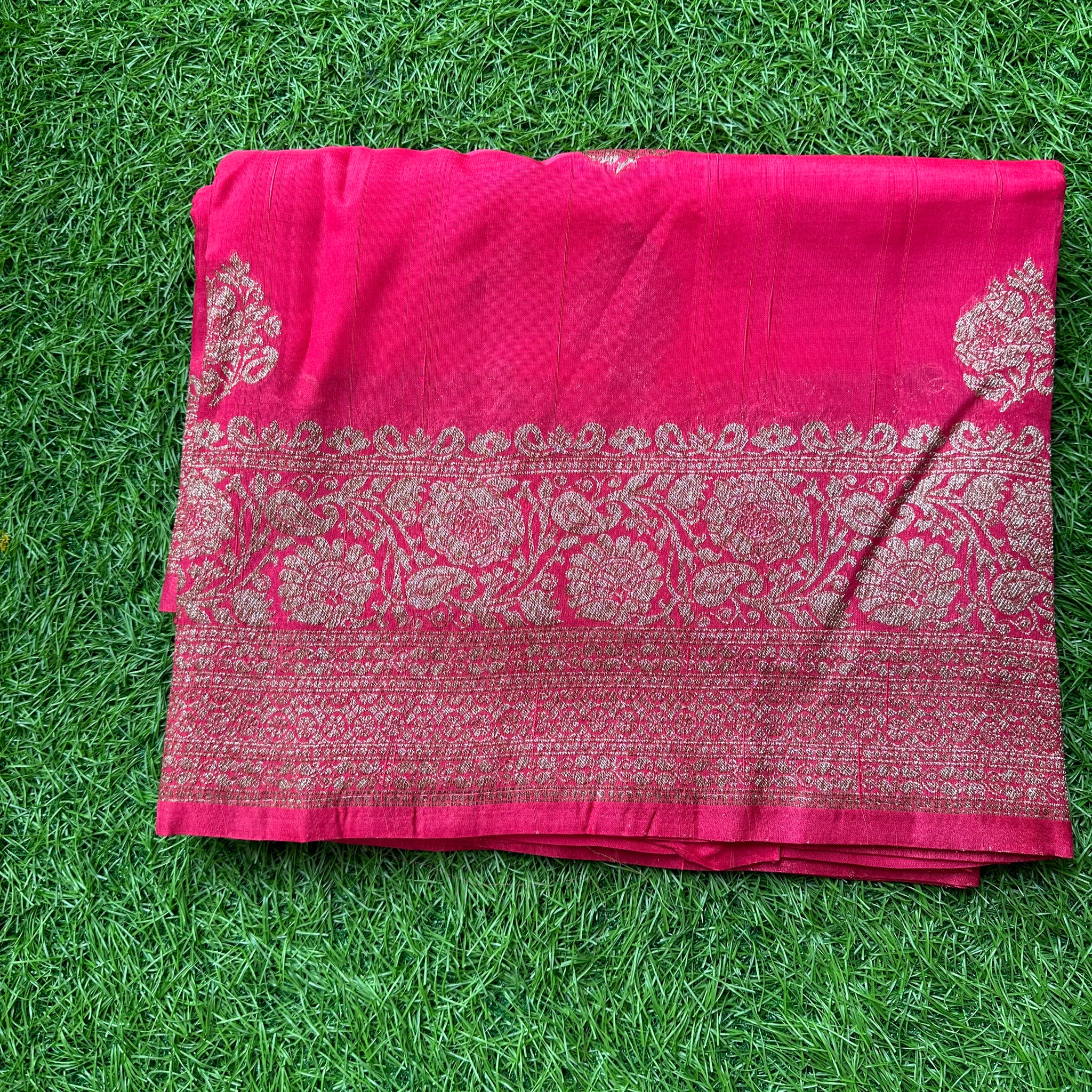 Strawberry pink semi raw silk Banarasi silk.