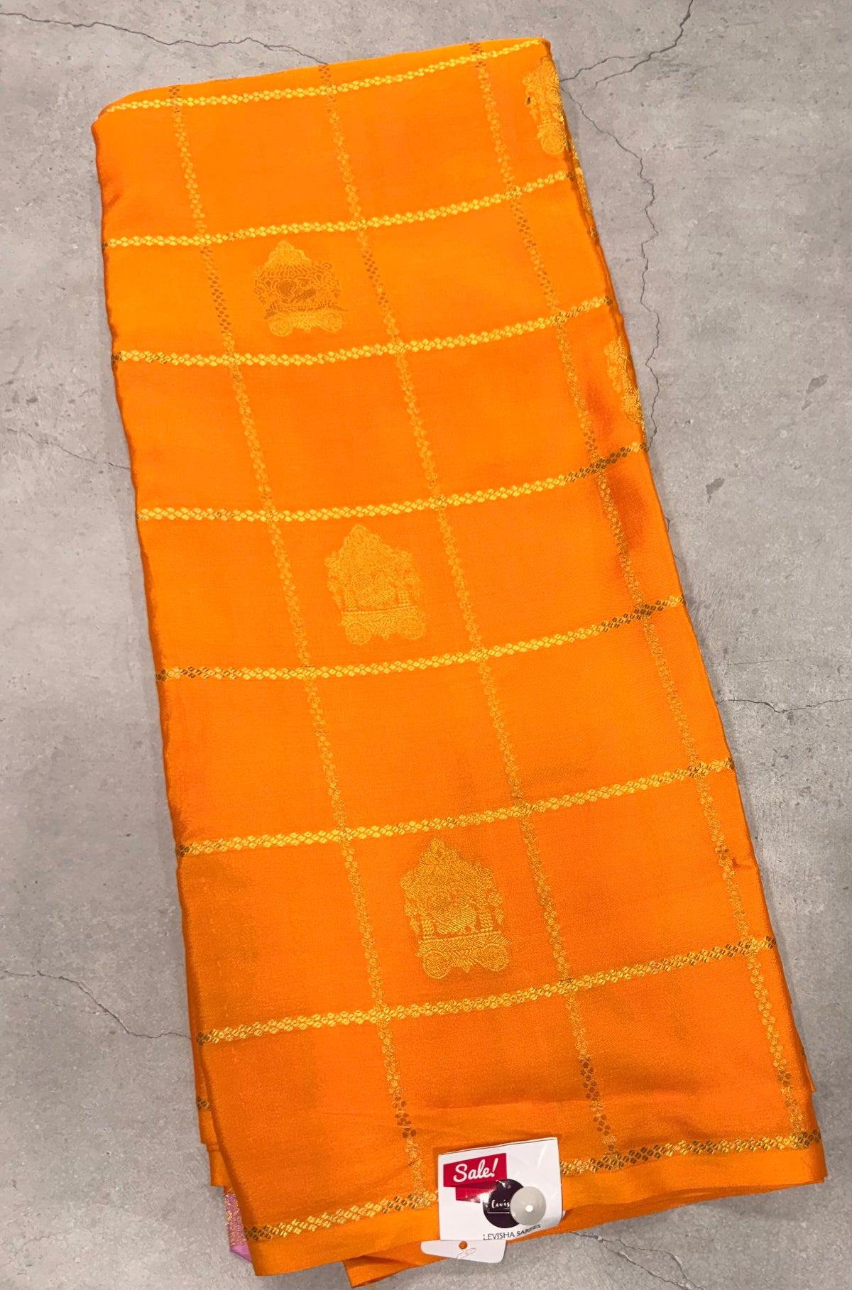Bright mustard yellow checks pure Mysore silk crepe saree