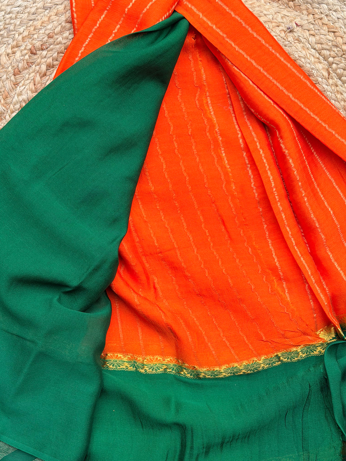 Orange and green pure wrinkle crepe silk certified