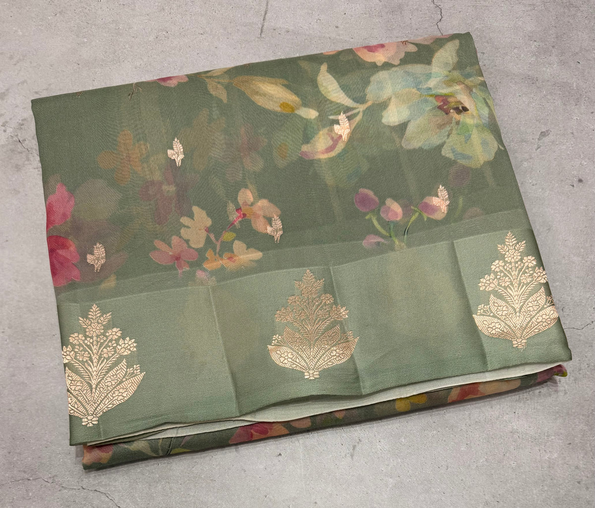 Pastel green digital print Banarasi pure tissue chiffon saree sliver zari saree