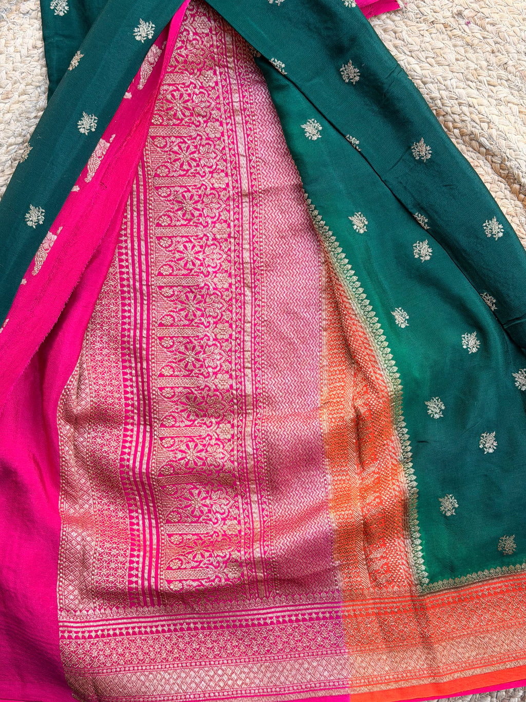 3D Green pink and orange pure crepe Banaras