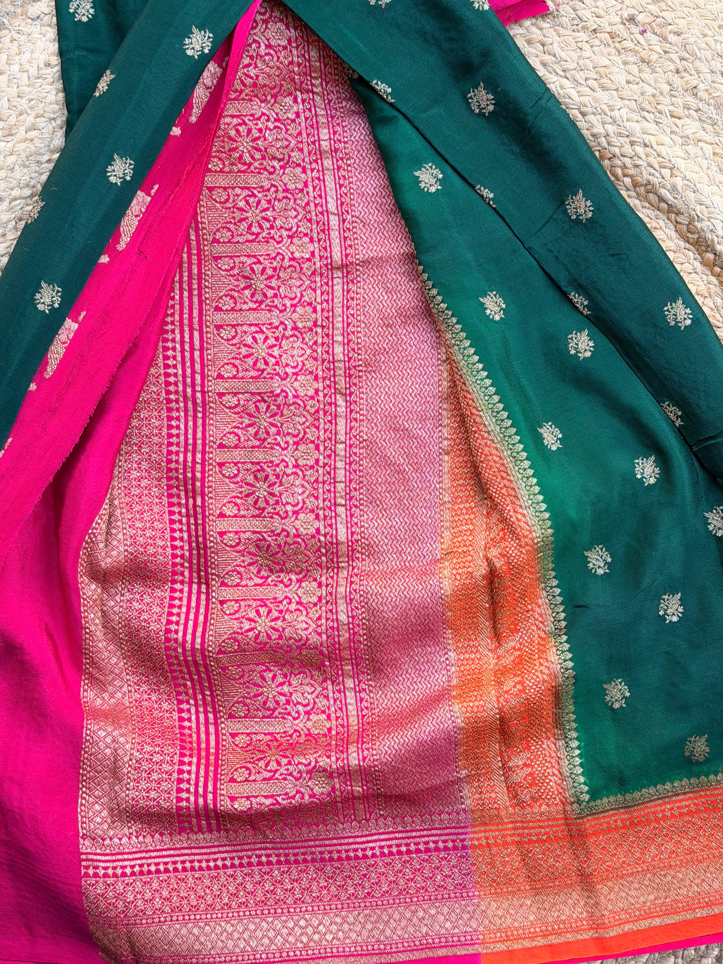 3D Green pink and orange pure crepe Banaras