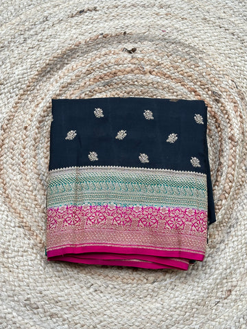 Black and pink green pure crepe Banaras silk sarees
