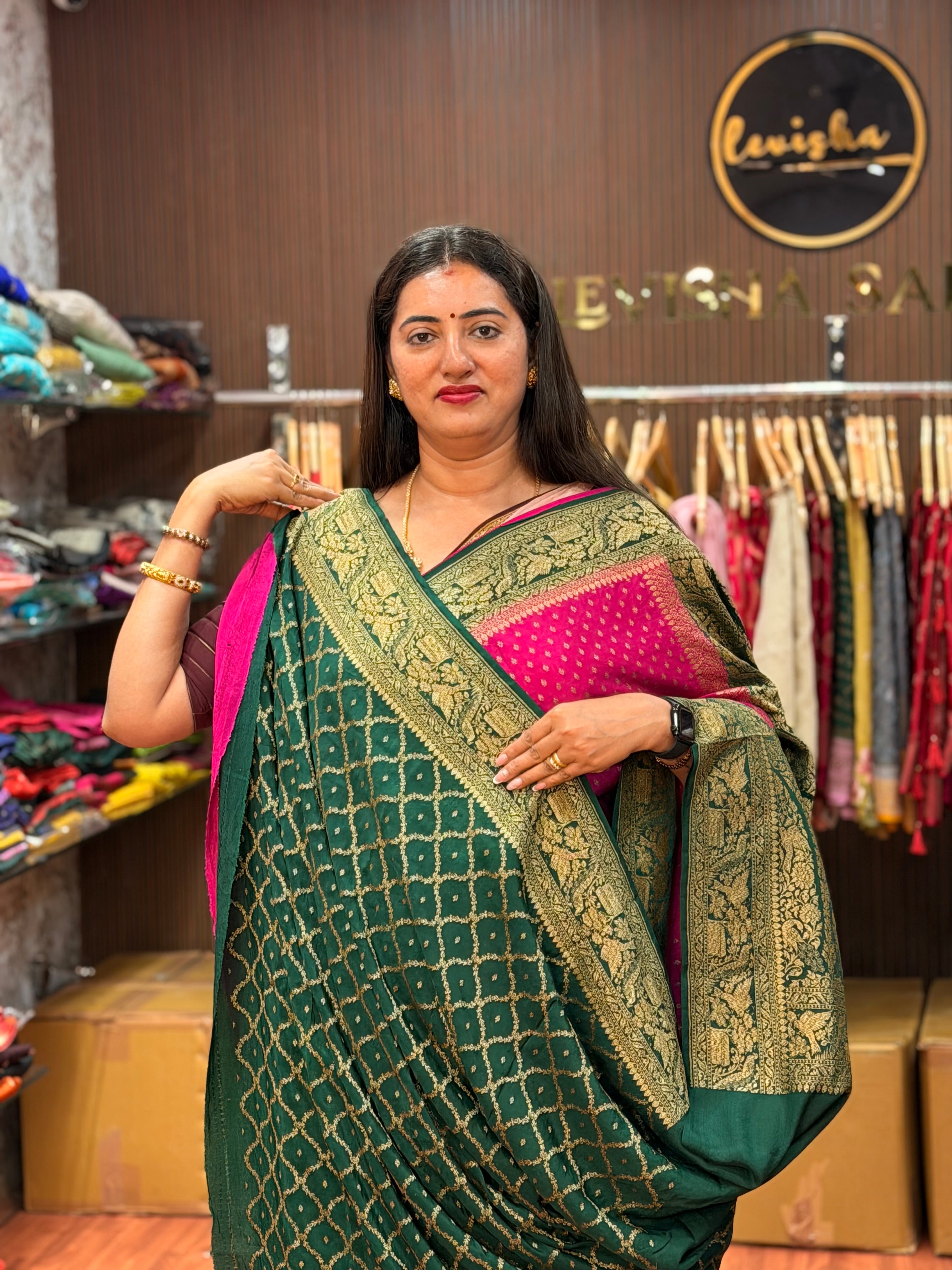 Pink and green pure crepe Banaras silk sarees