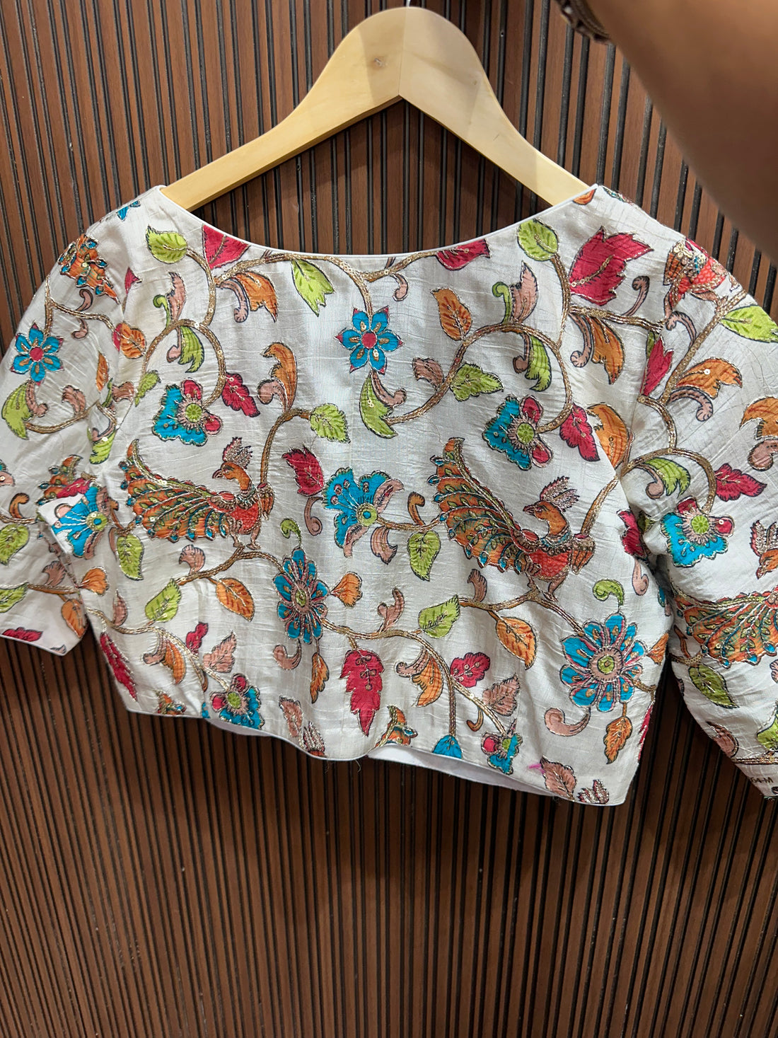Half white stiched kalamkari blouse