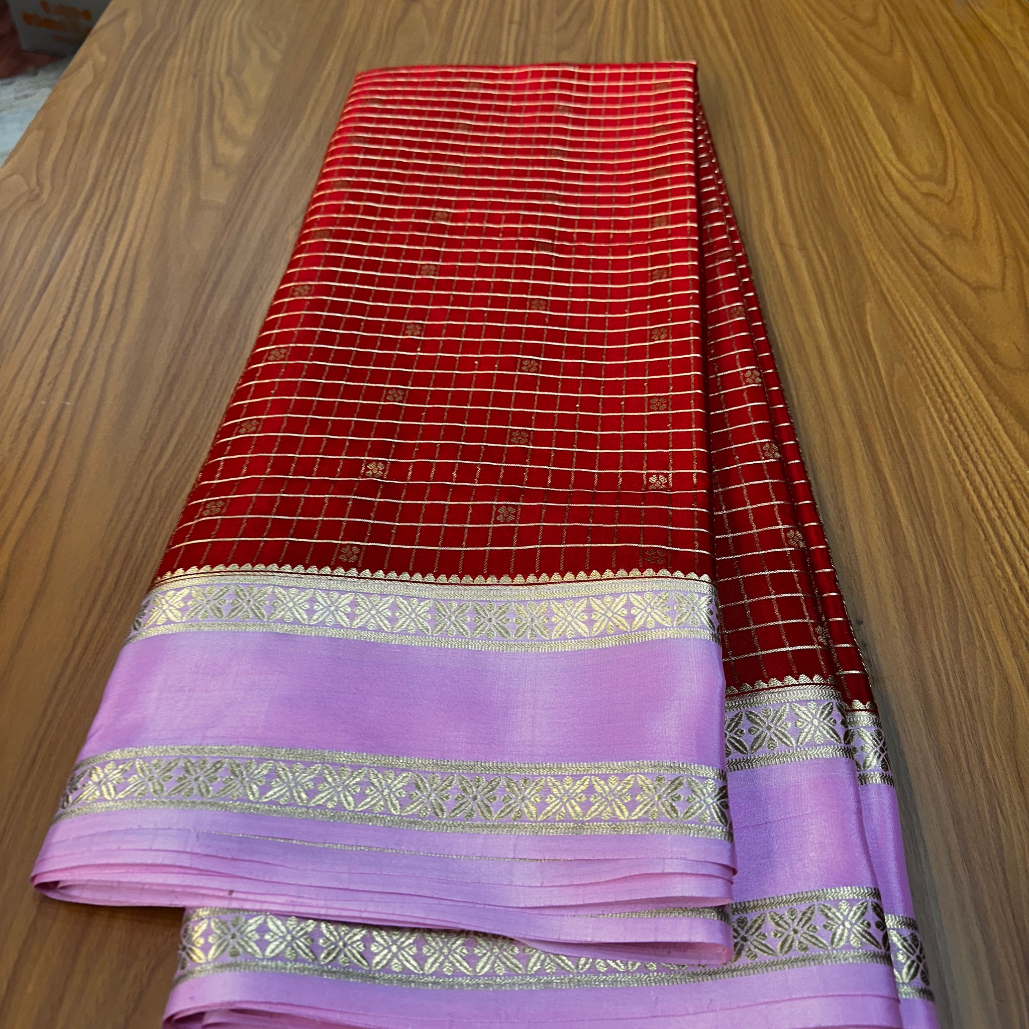 Red and pink pure crepe Mysore Silk checks pattern 120 gsm