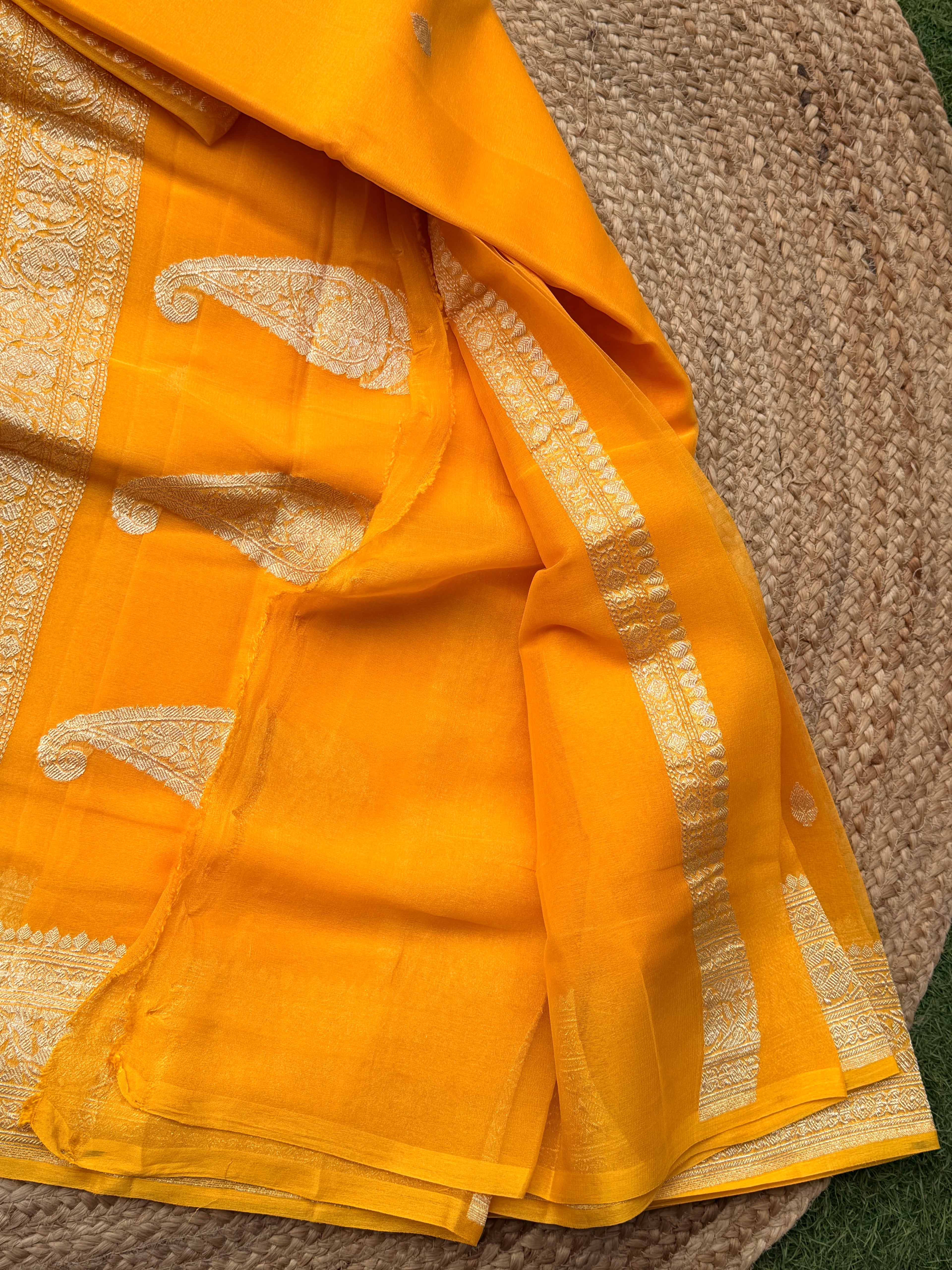 Mango yellow bananasi pure khadi chiffon saree sliver zari woven