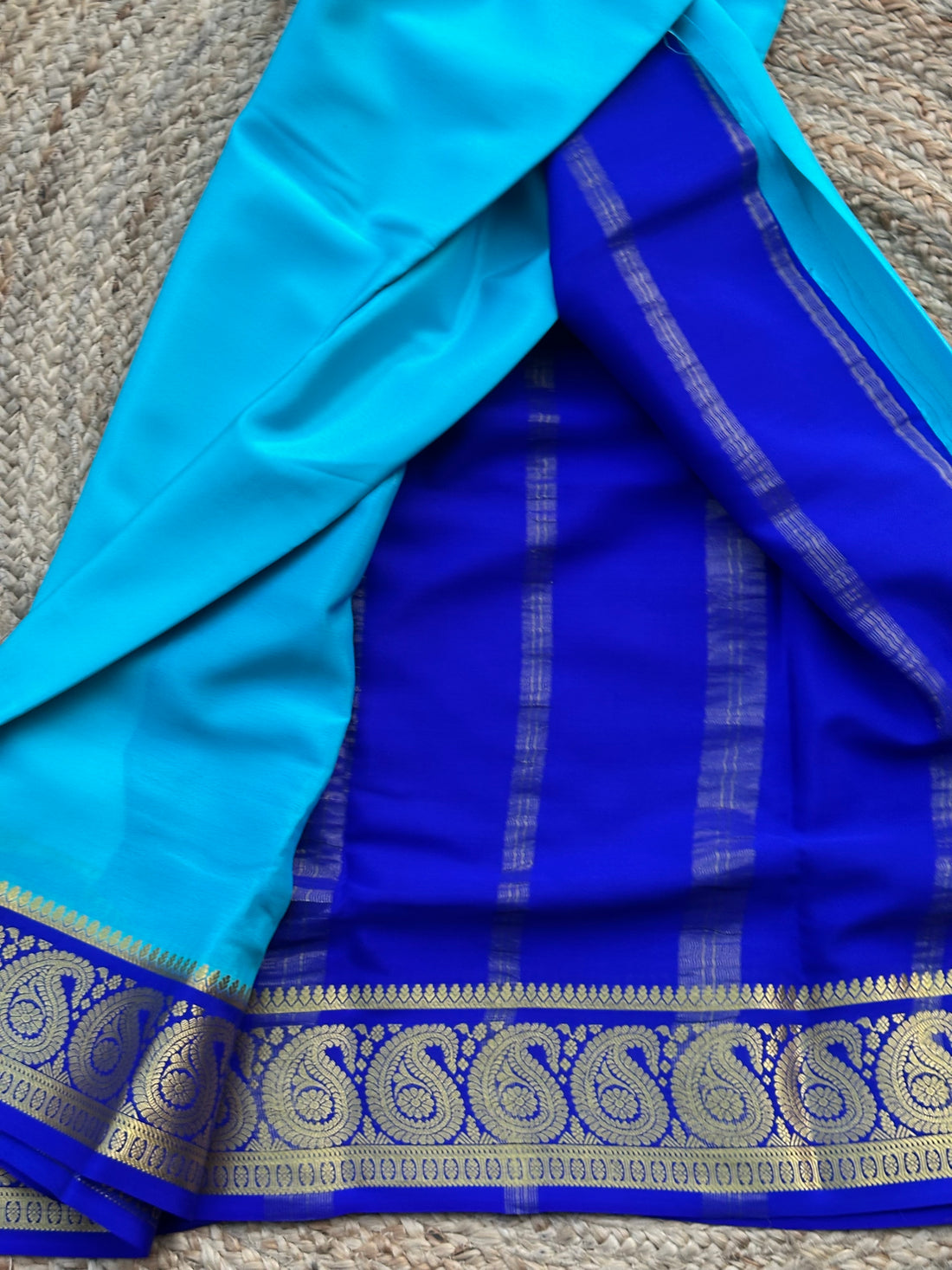 Sky blue with royal blue mango border 120 gsm pure crepe Mysore Silk