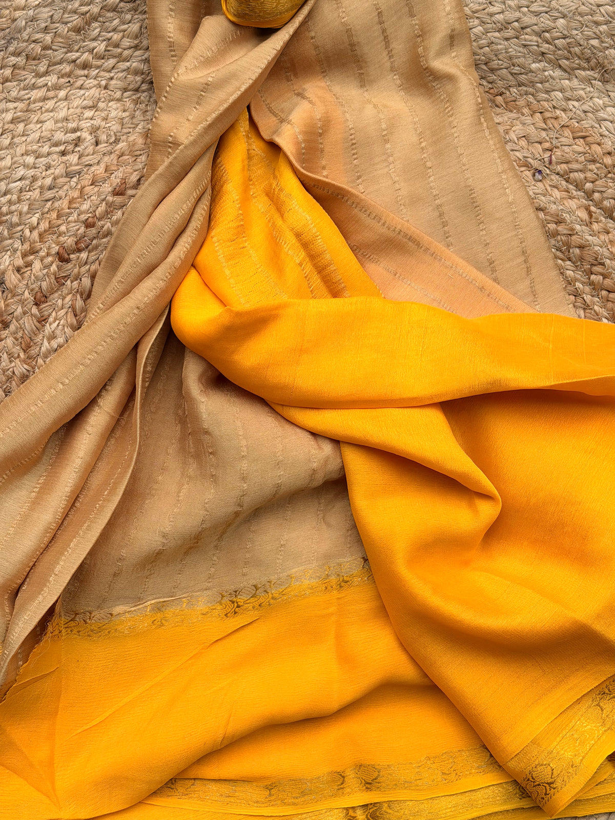 Golden chikku with mustard colour pure wrinkle crepe silk certified