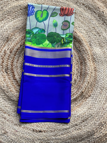 Royal blue digital kalamkari prints pure crepe Mysore Silk sarees 120 gsm