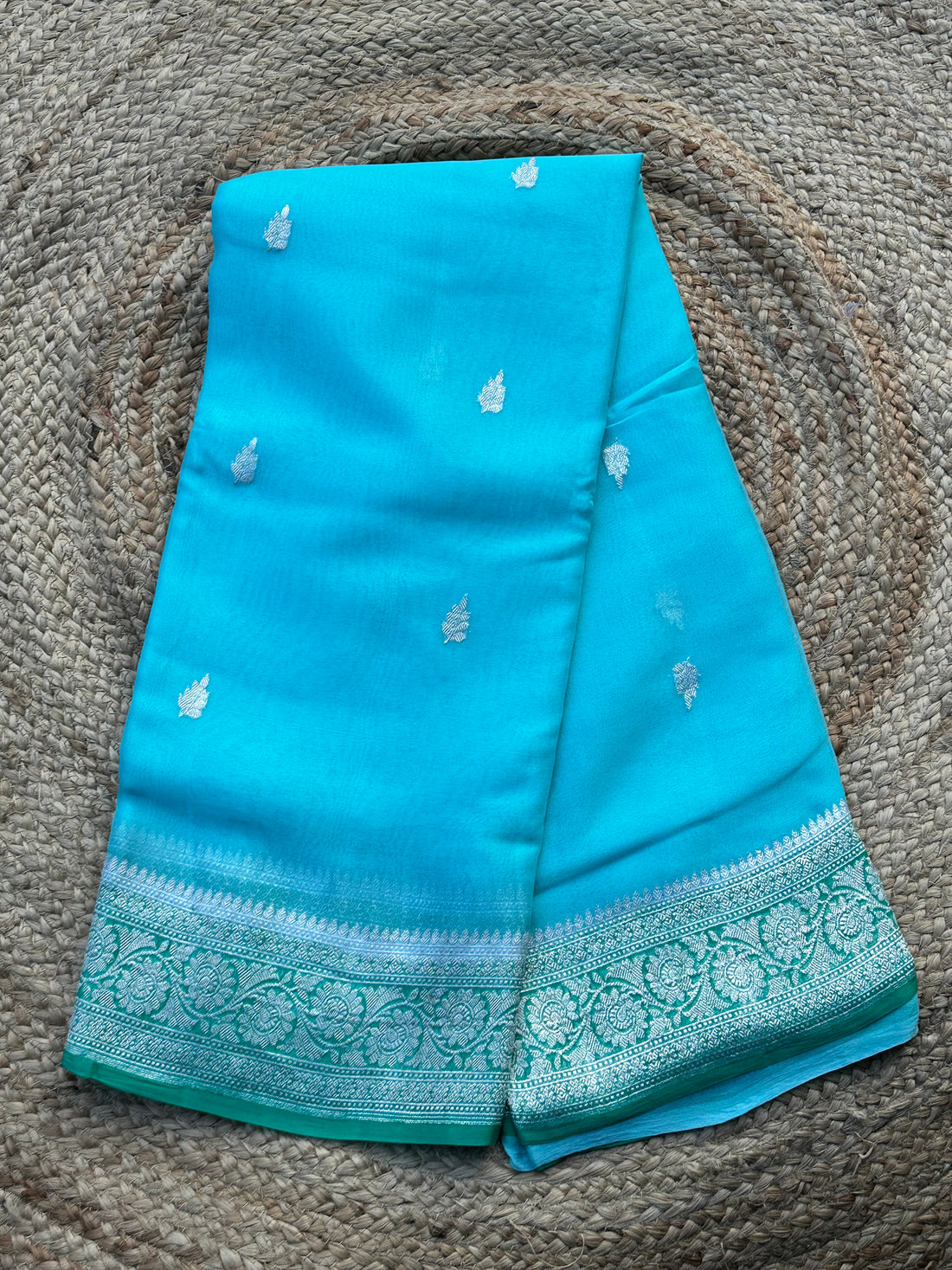 Sea green with green pure khaddi chiffon sarees silver zari