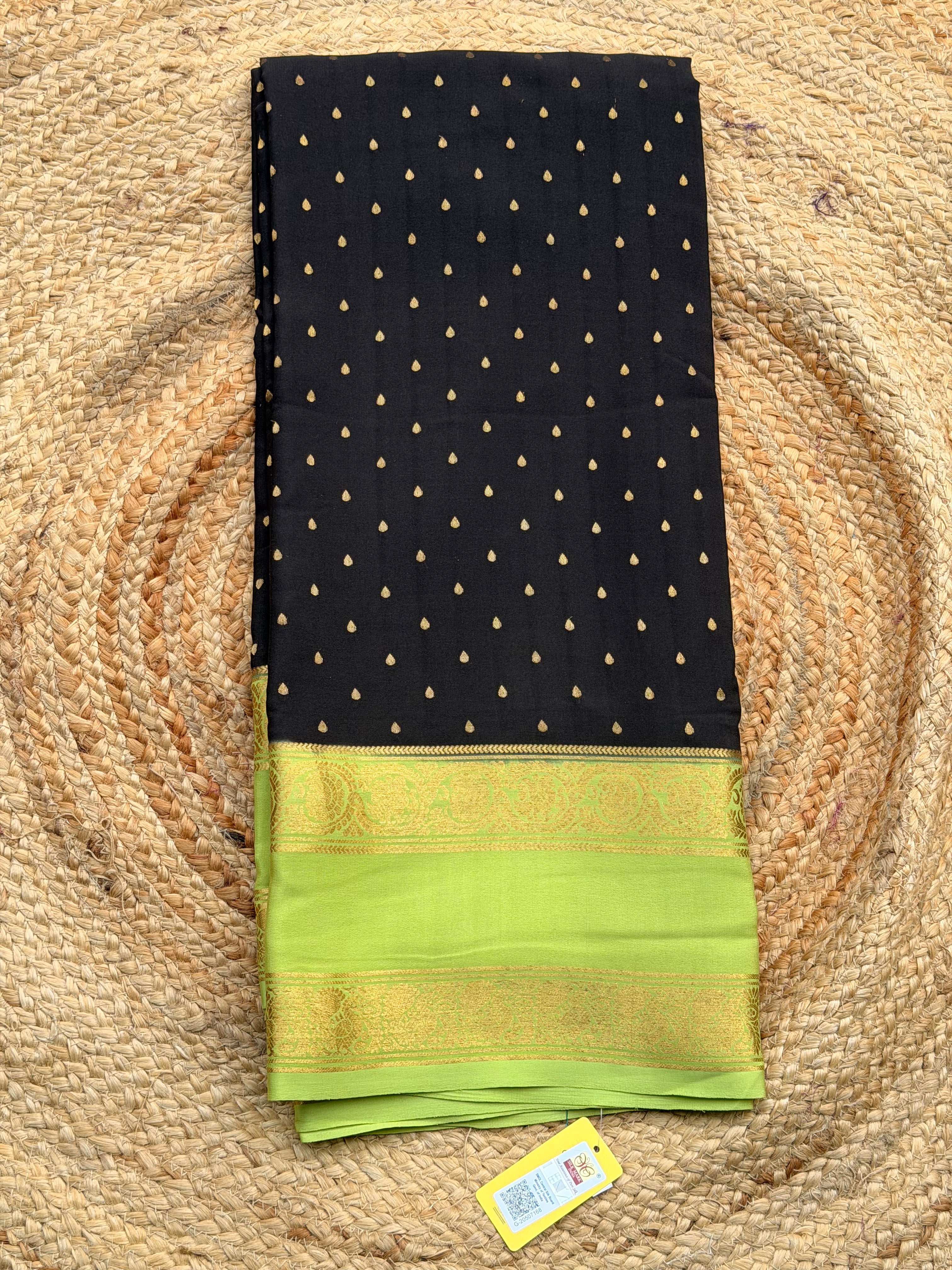 Black and light green 1000 butta pure crepe Mysore silk 120 gsm