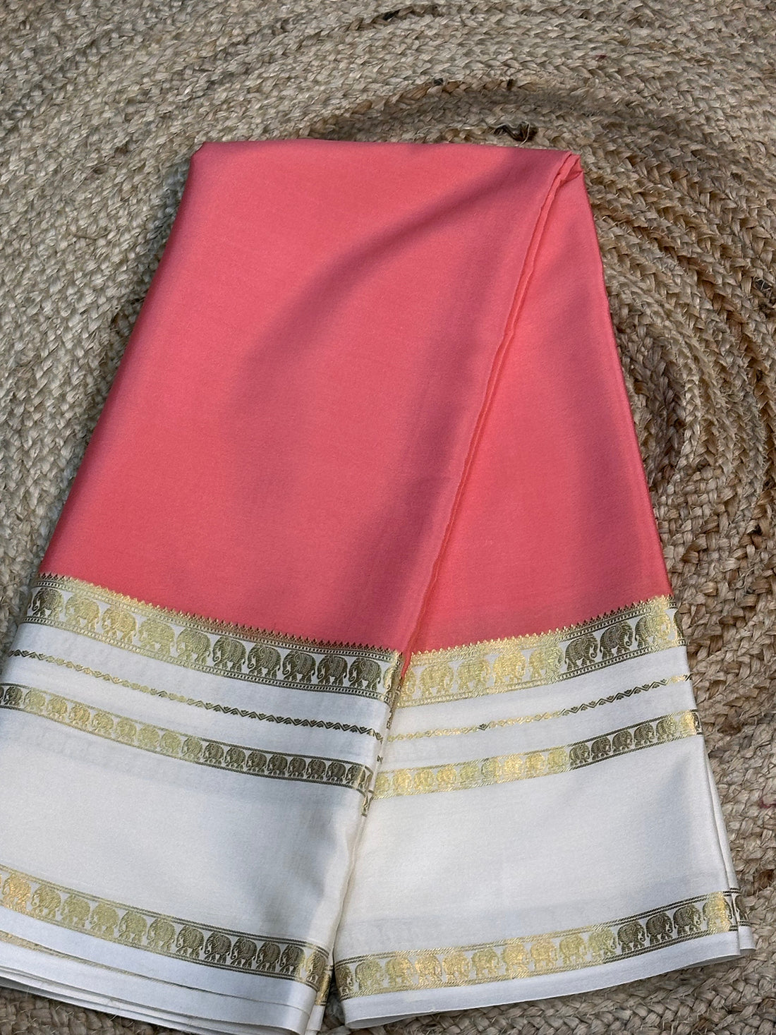 Onion pink and cream pure Mysore silk crepe elephant bentex border