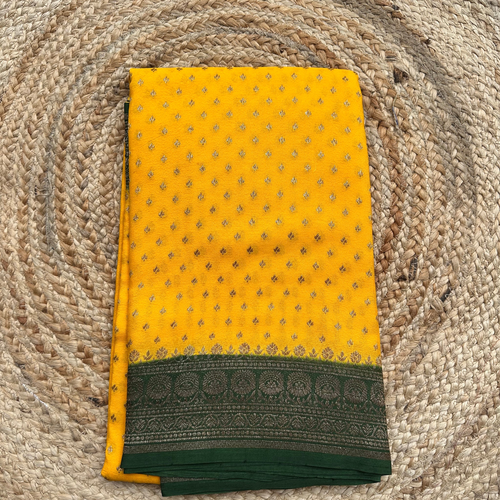 Deep yellow and green, pure crepe chiffon Banarasi sarees