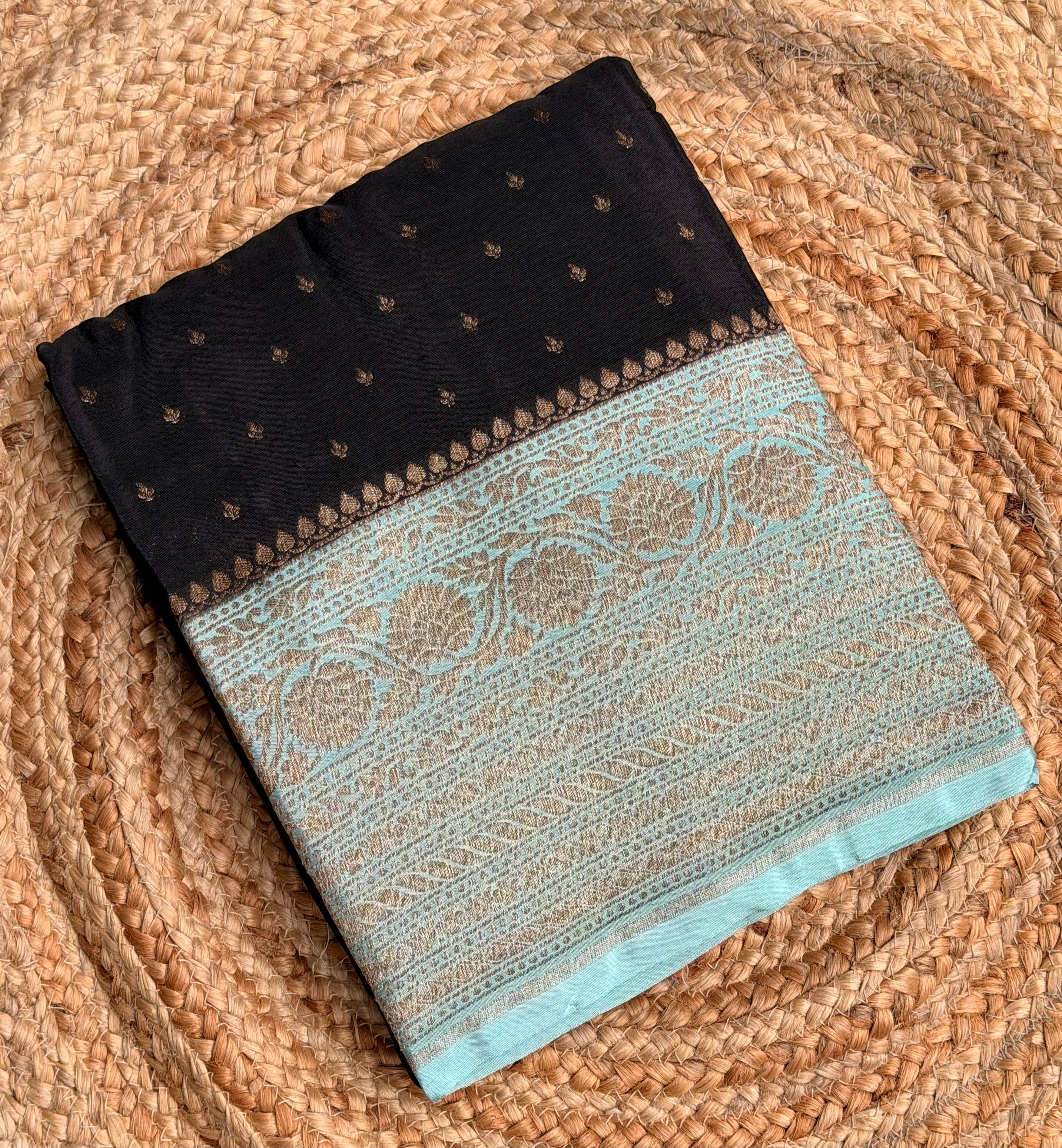 Black n sea green small butta benarasi crepe saree