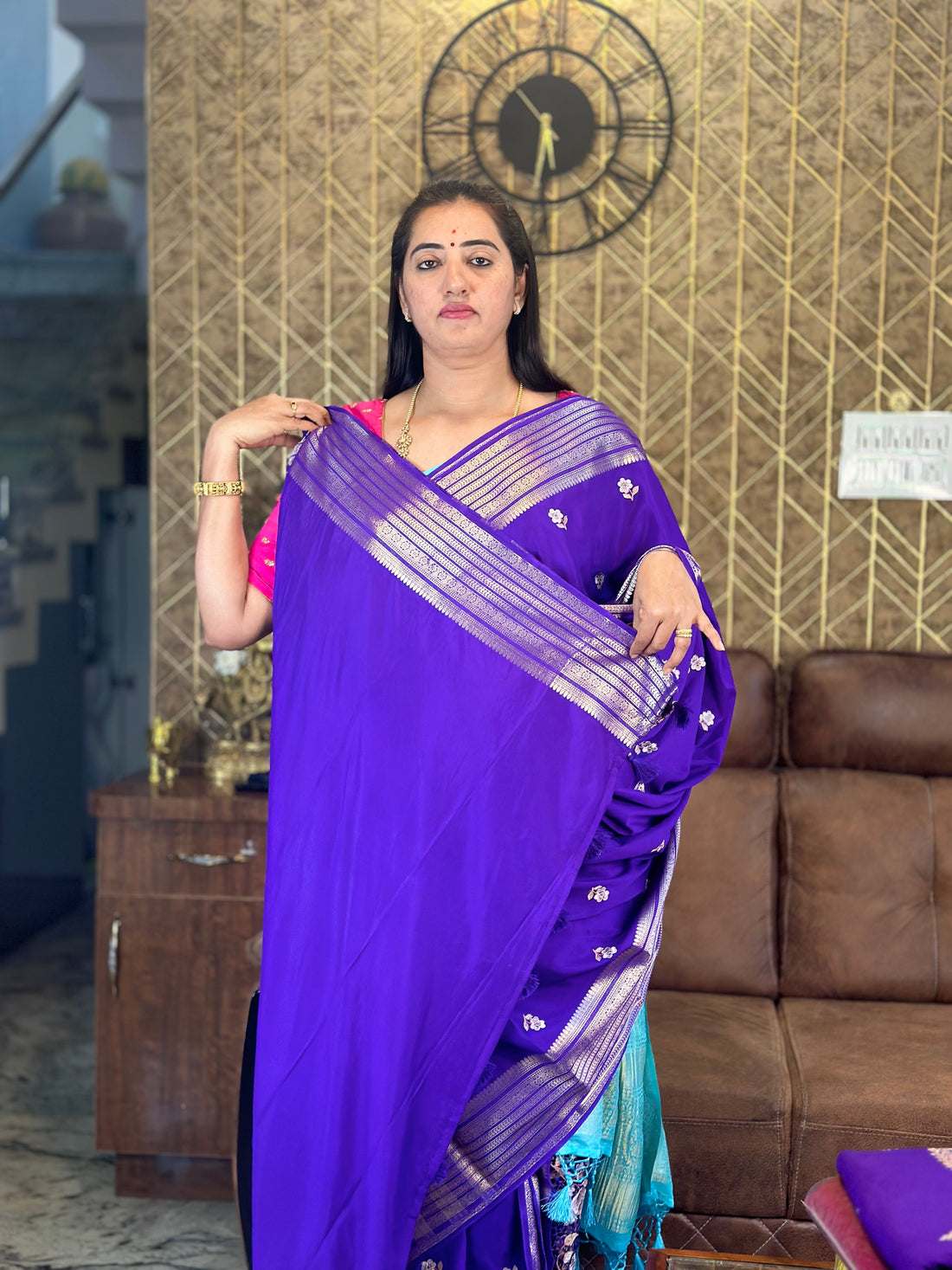 Purple semi cut work crepe sarees.