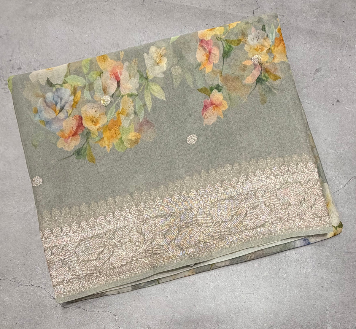Grey digital print Banarasi pure tissue chiffon saree sliver zari saree