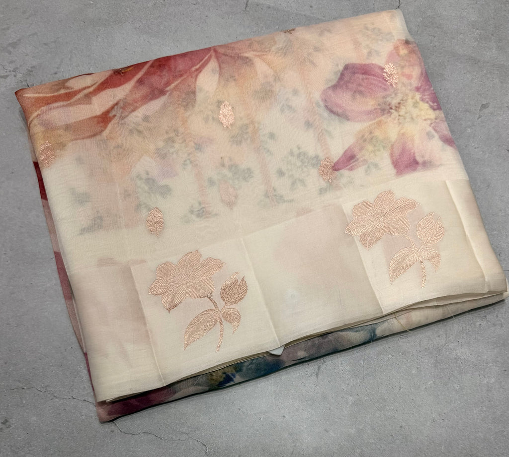 Cream digital print Banarasi pure tissue chiffon saree sliver zari saree