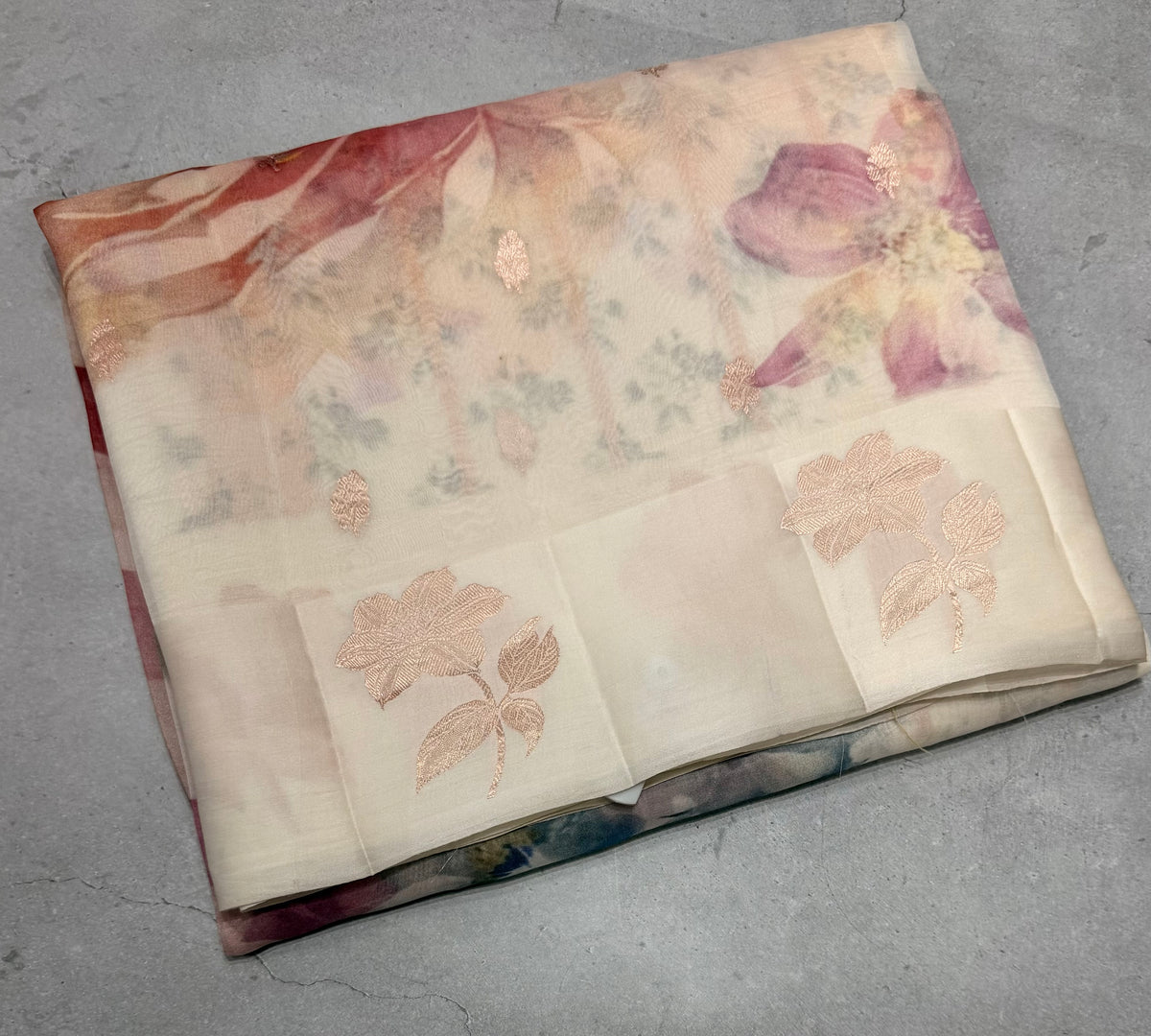 Cream digital print Banarasi pure tissue chiffon saree sliver zari saree