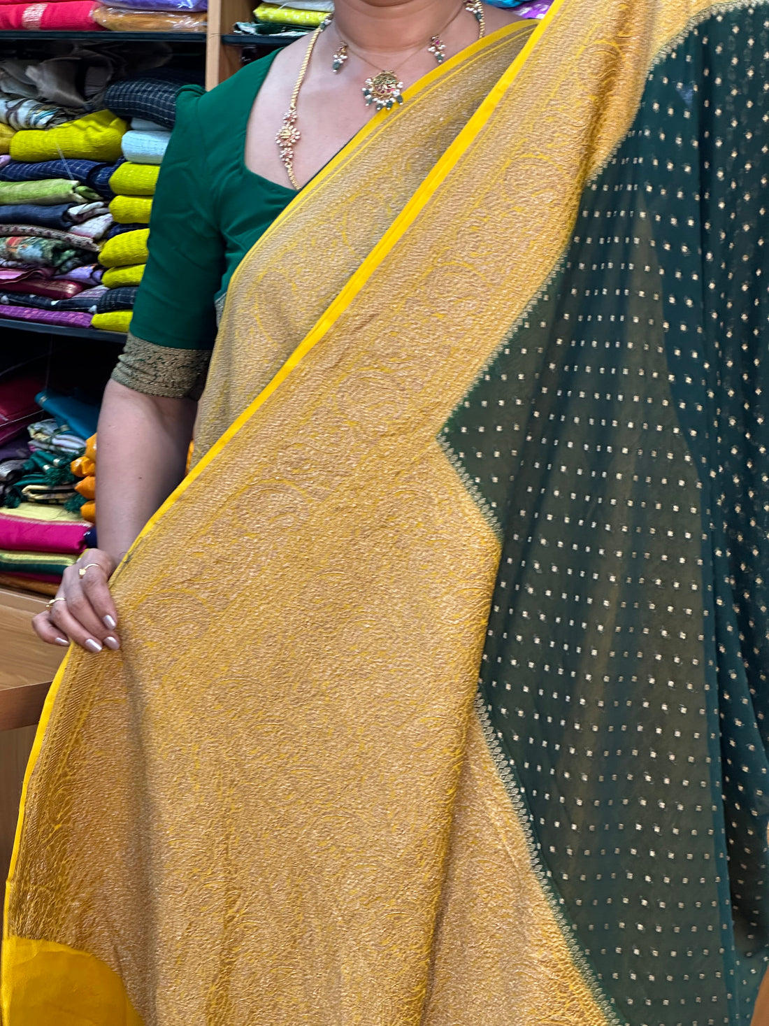 Green and mustard pure khaddi Georgette sarees
