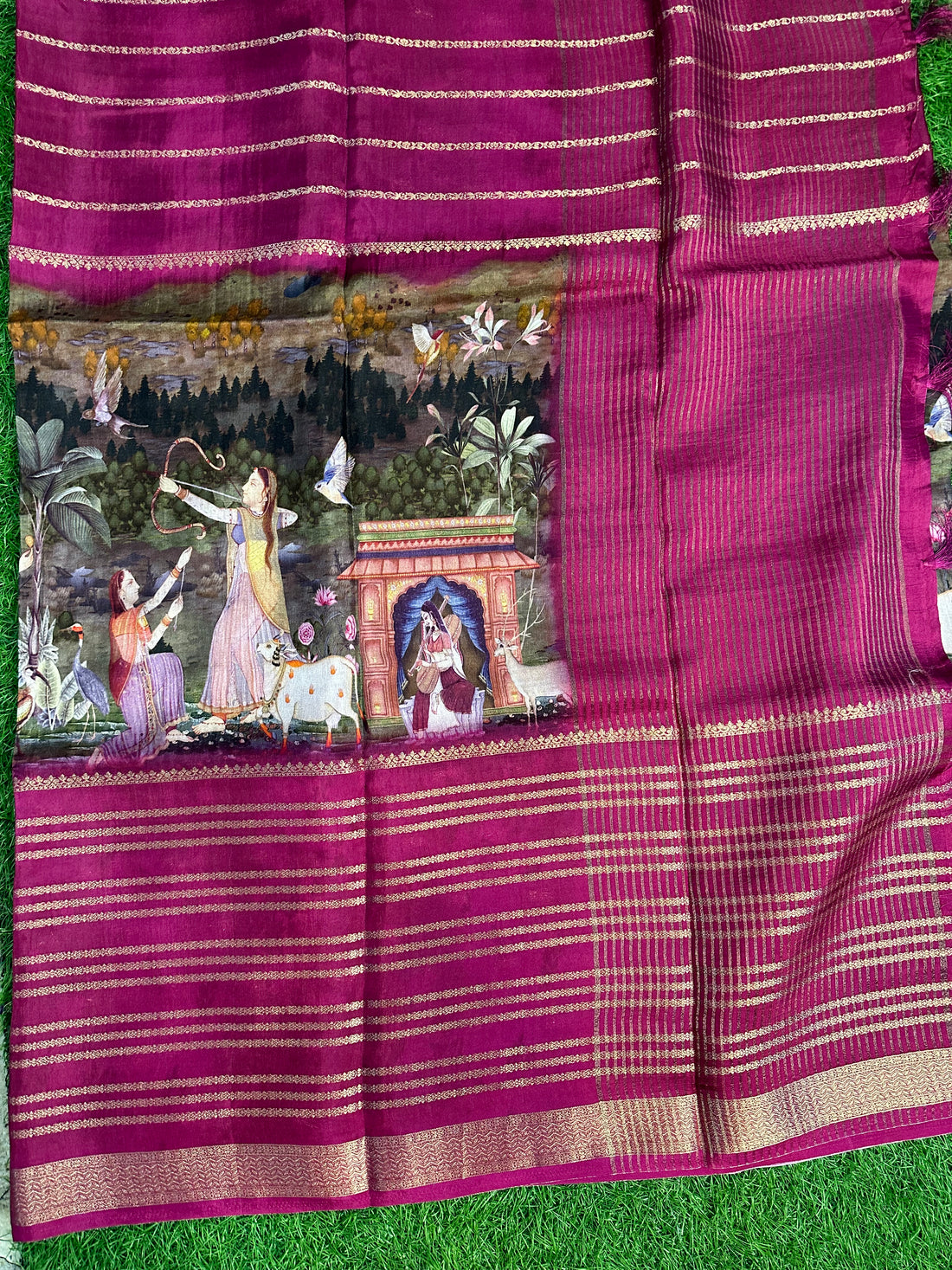 Mejentha semi crepe digital kalamkari with horizontal stripes.