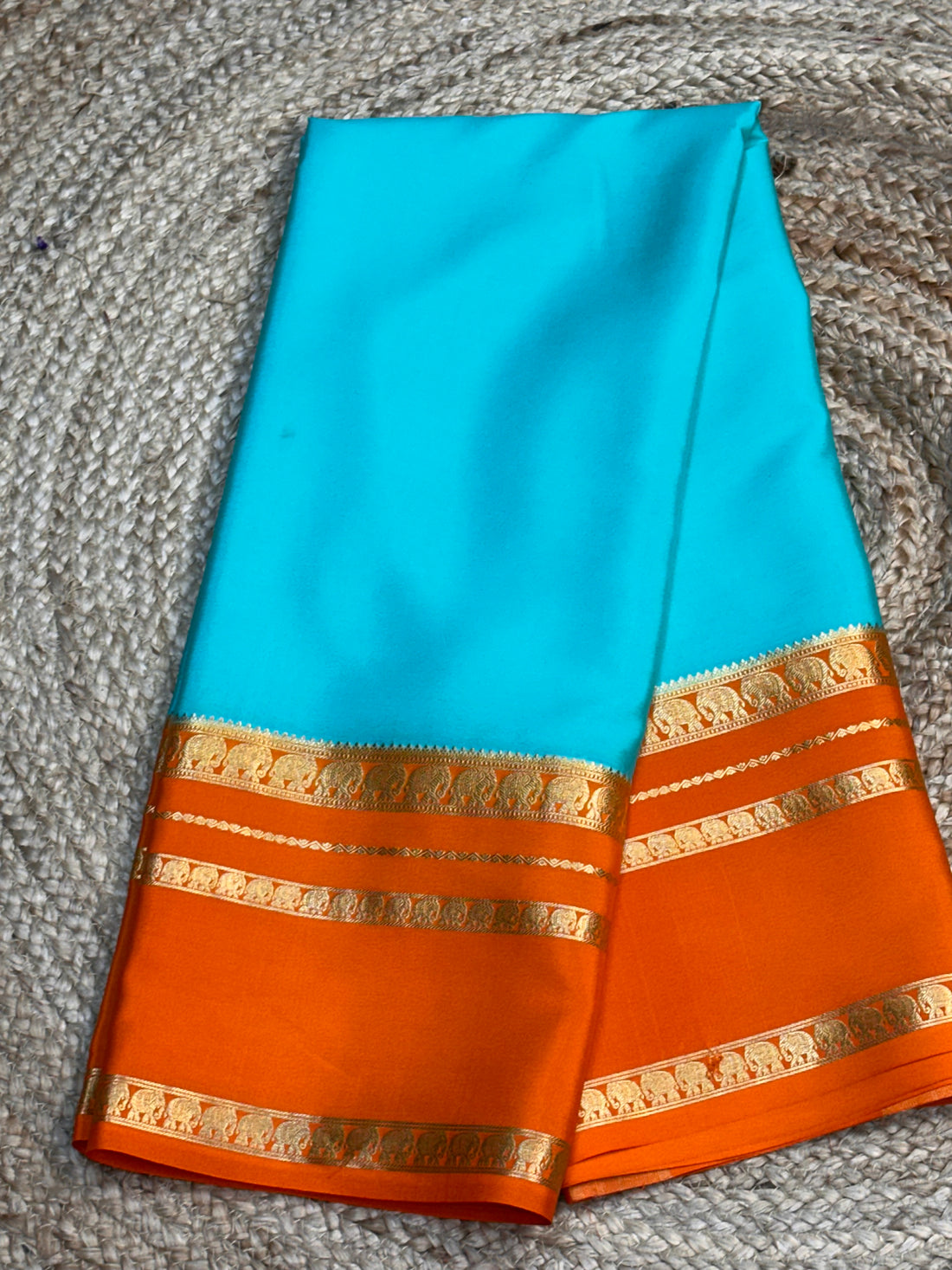 Teal blue and orange pure crepe Mysore Silk sarees