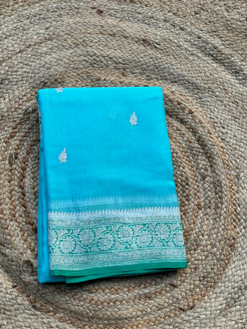 Sea green with green pure khaddi chiffon sarees silver zari