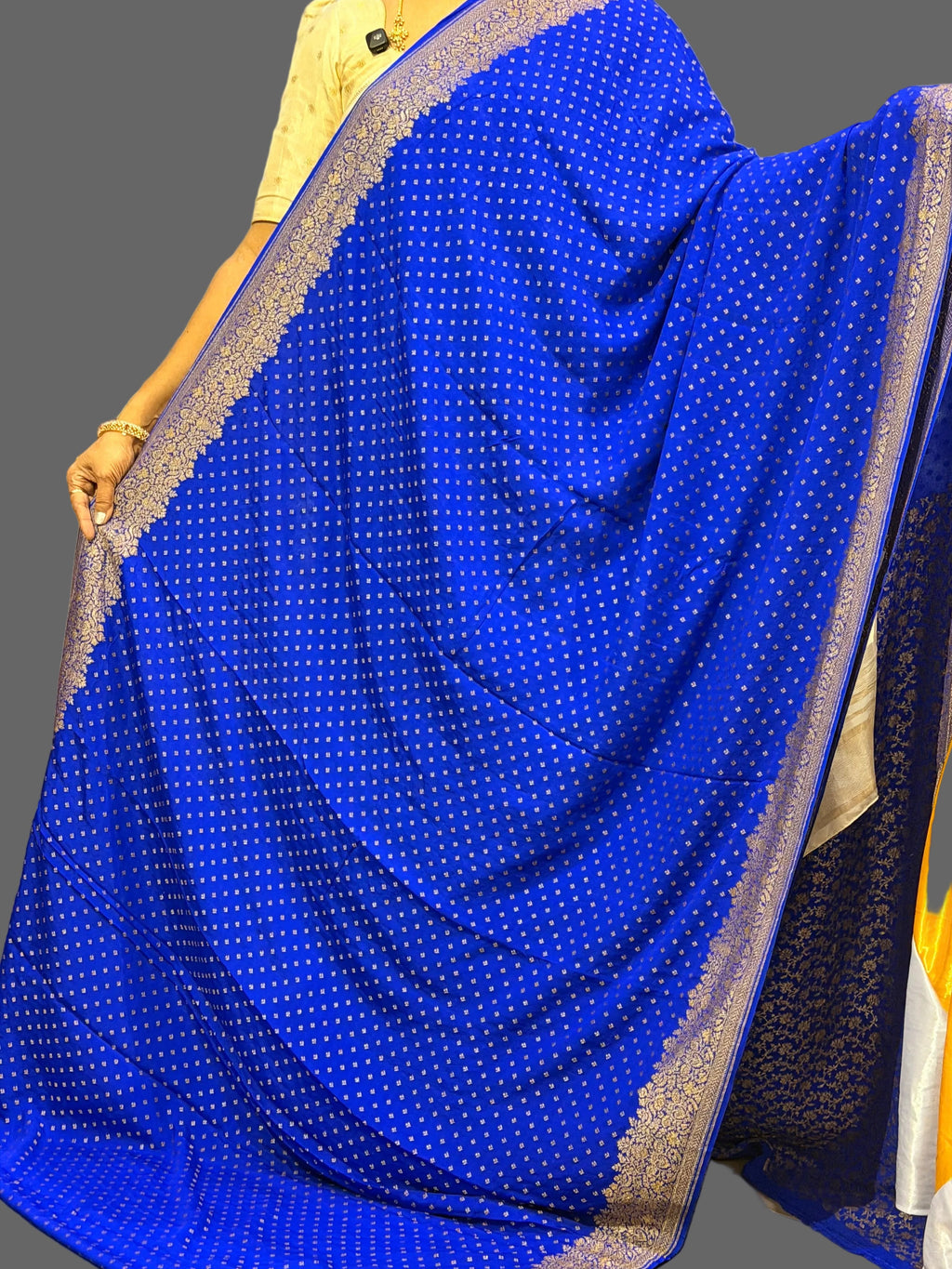 Royal blue mango border pure benarasi crepe silk saree