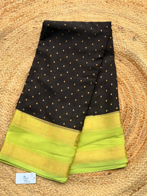 Black and light green 1000 butta pure crepe Mysore silk 120 gsm