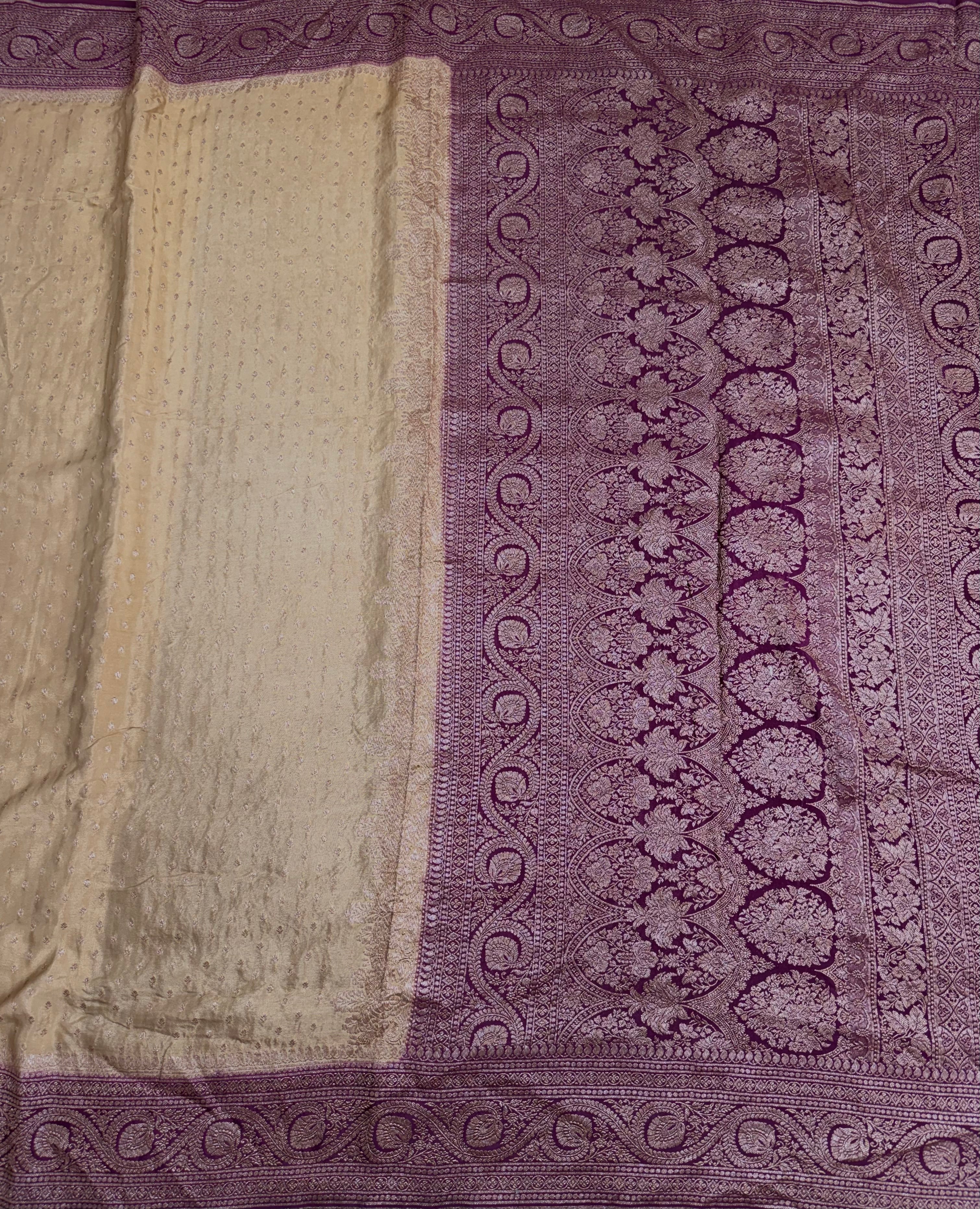 Cream n wine pure benarasi crepe silk saree
