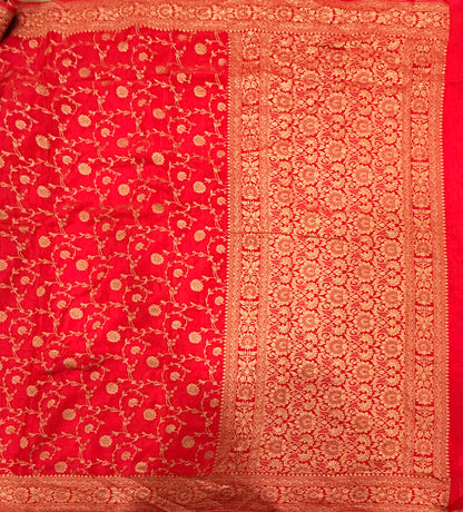 Red jaal pattern pure benarasi crepe silk saree