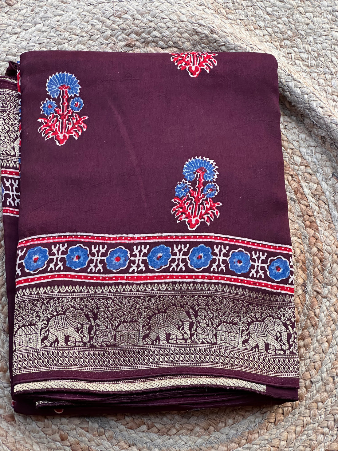 Brown Ajrak modal dola silk sarees with zari border