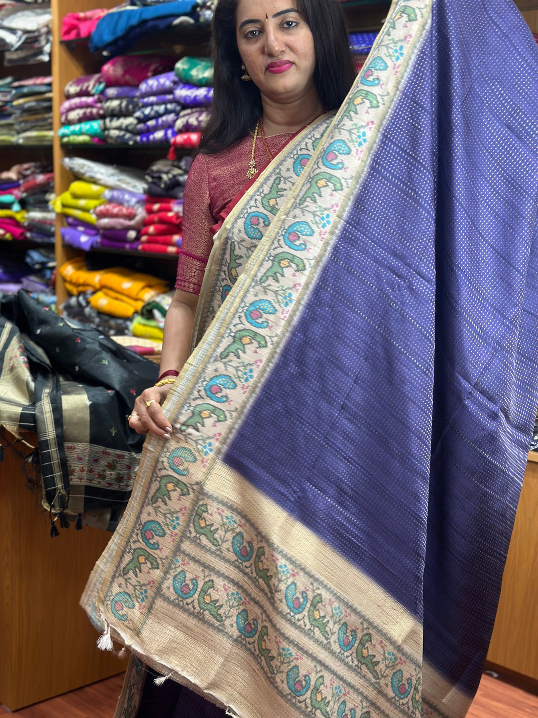 Purple with beige tusser silk sarees