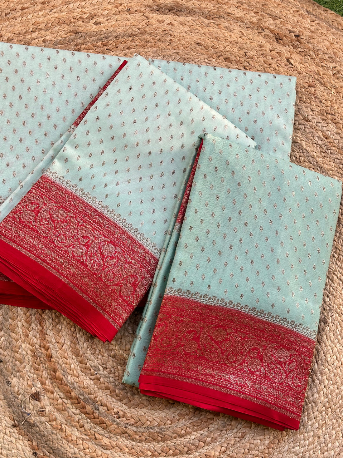Sea green with red pure crepe chiffon Banarasi sarees