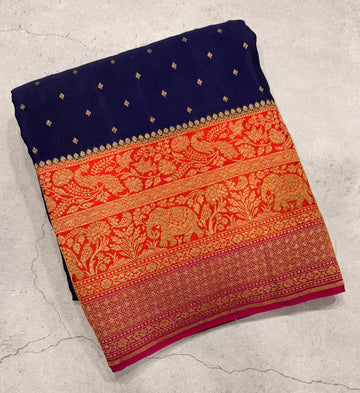 Blue 3D pure benarasi crepe silk saree
