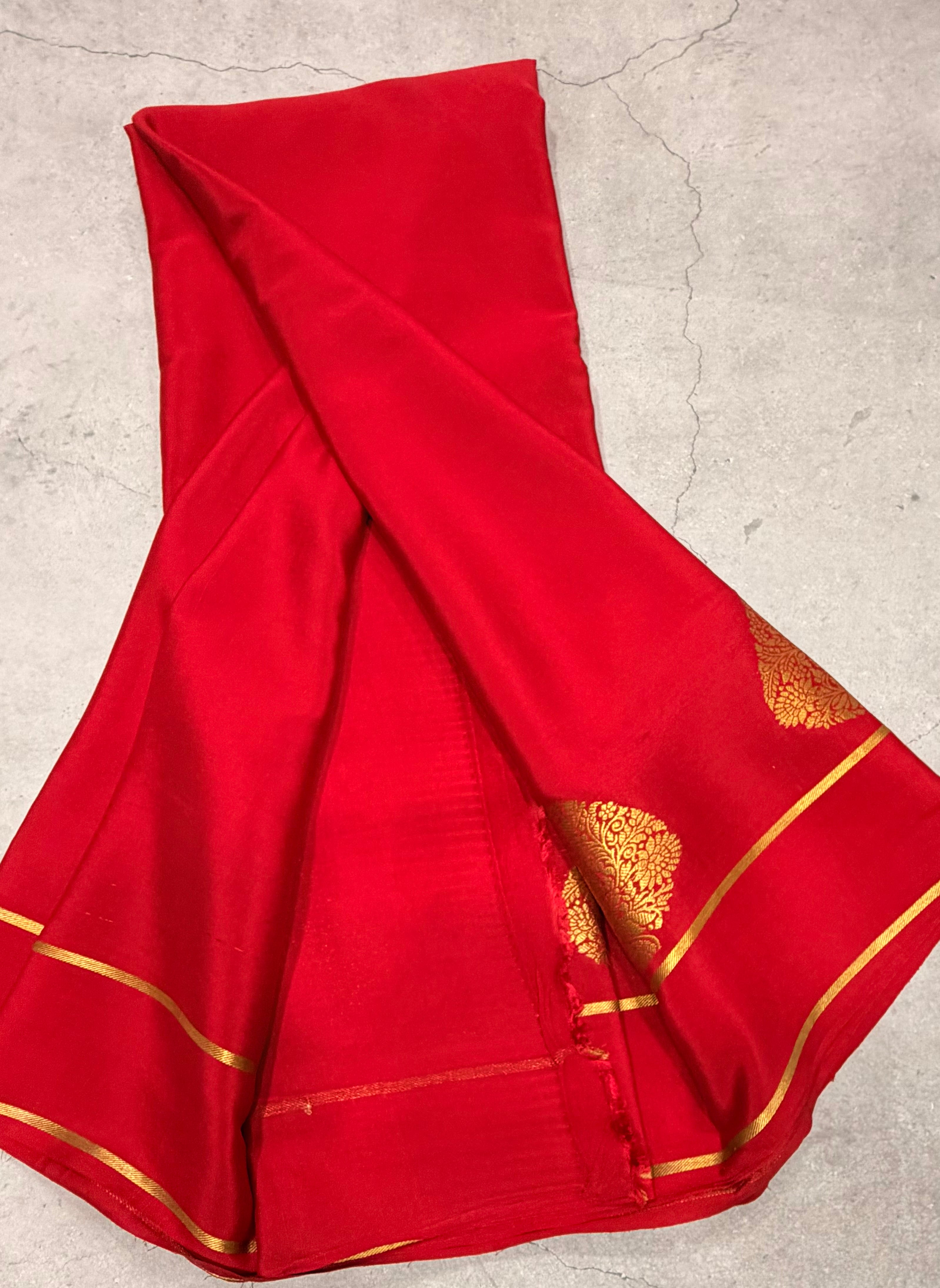 Red leaf big butta pure Mysore silk crepe saree
