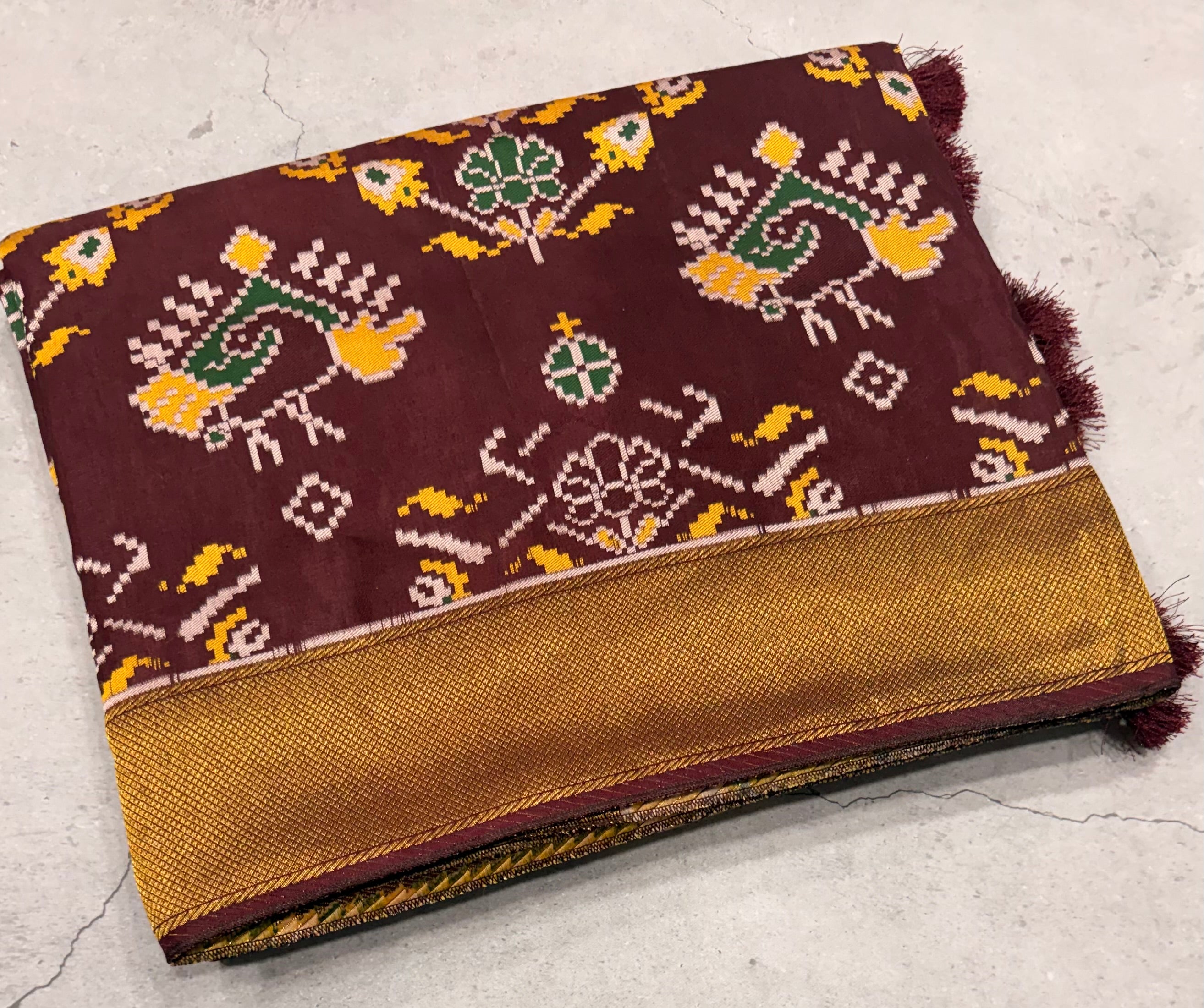 Dark brown small border tusser Paithani saree