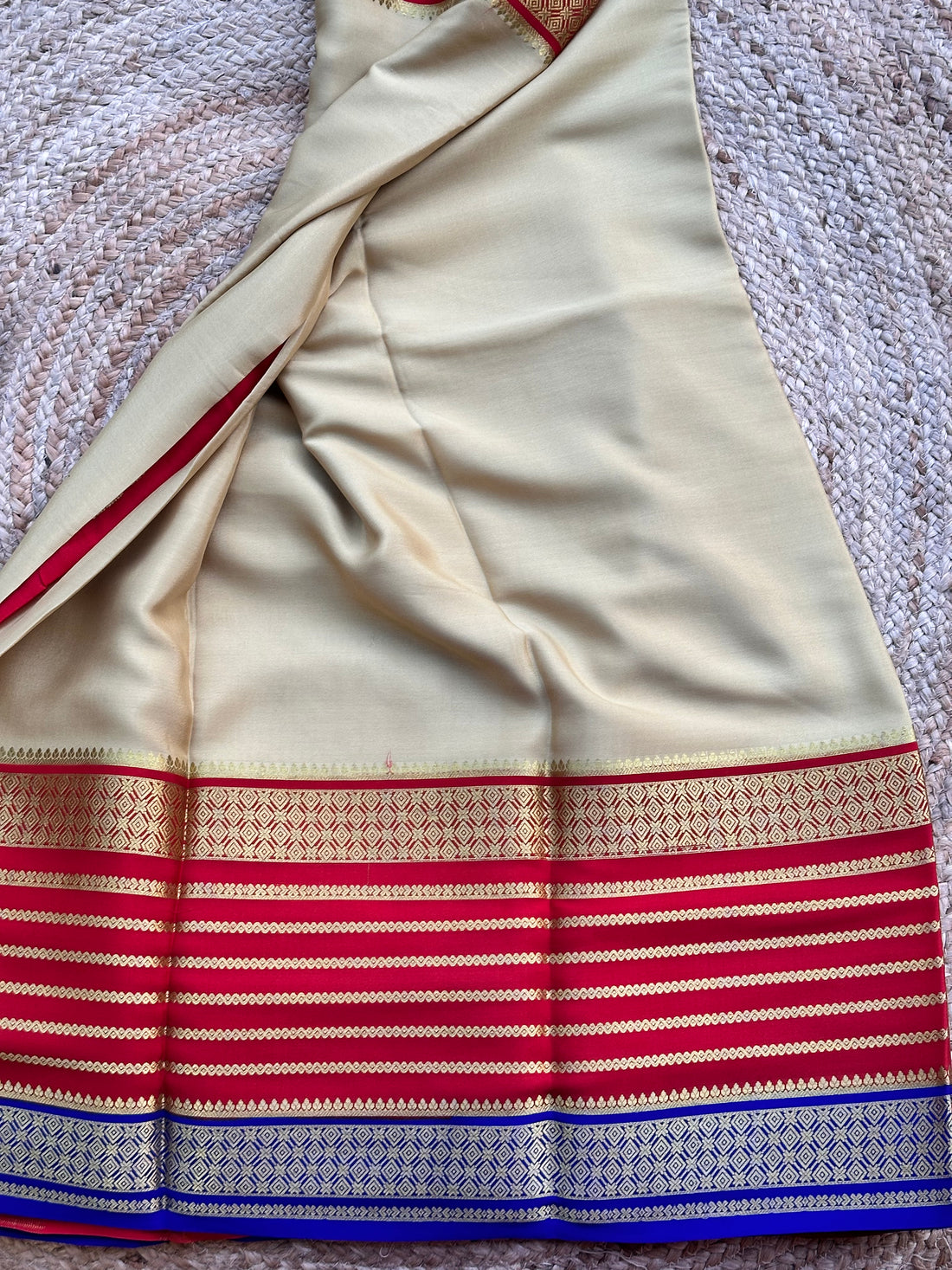 Gold and red Rudrakshi border 120 gsm pure crepe Mysore Silk sarees
