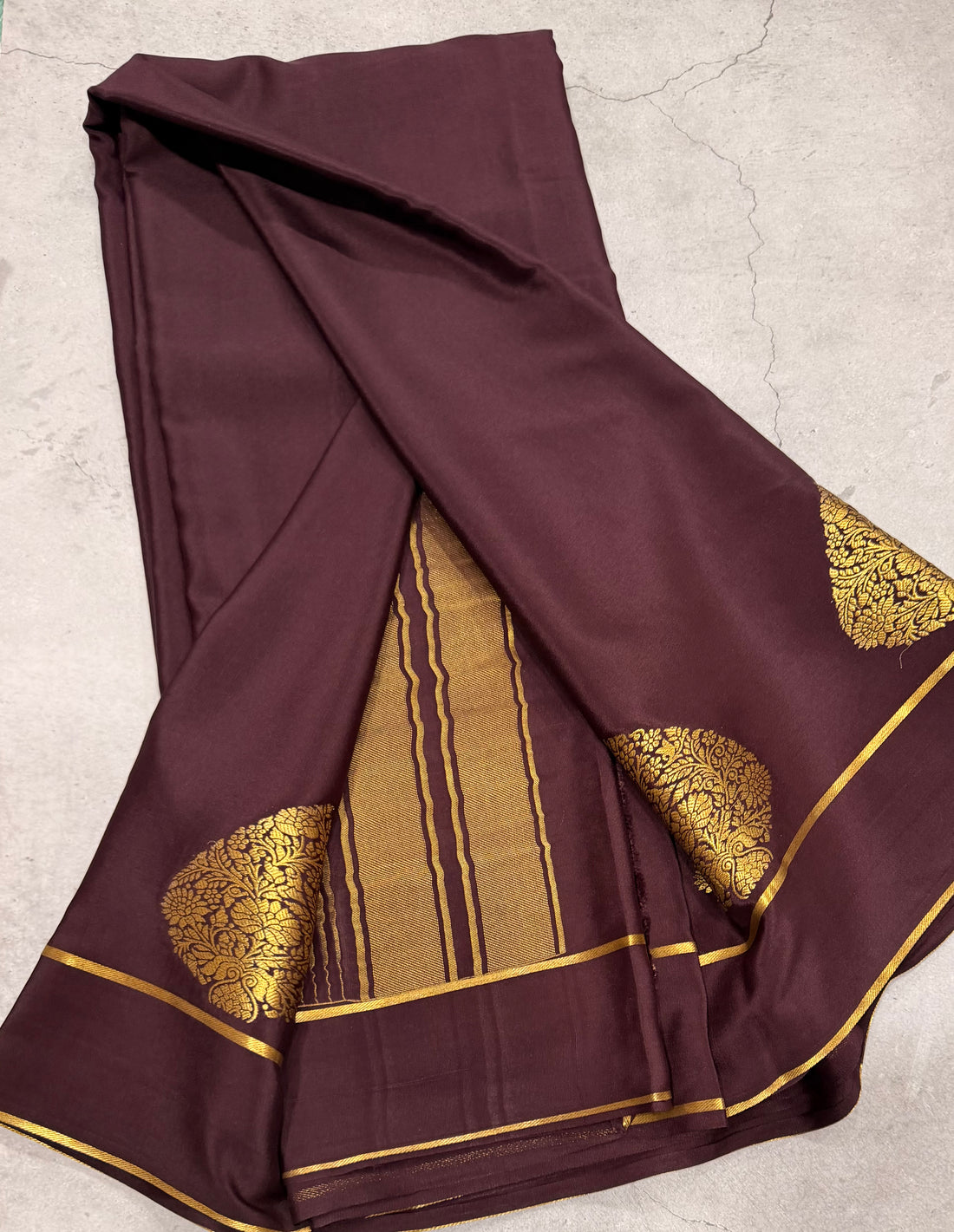 Dark brown  leaf big butta pure Mysore silk crepe saree