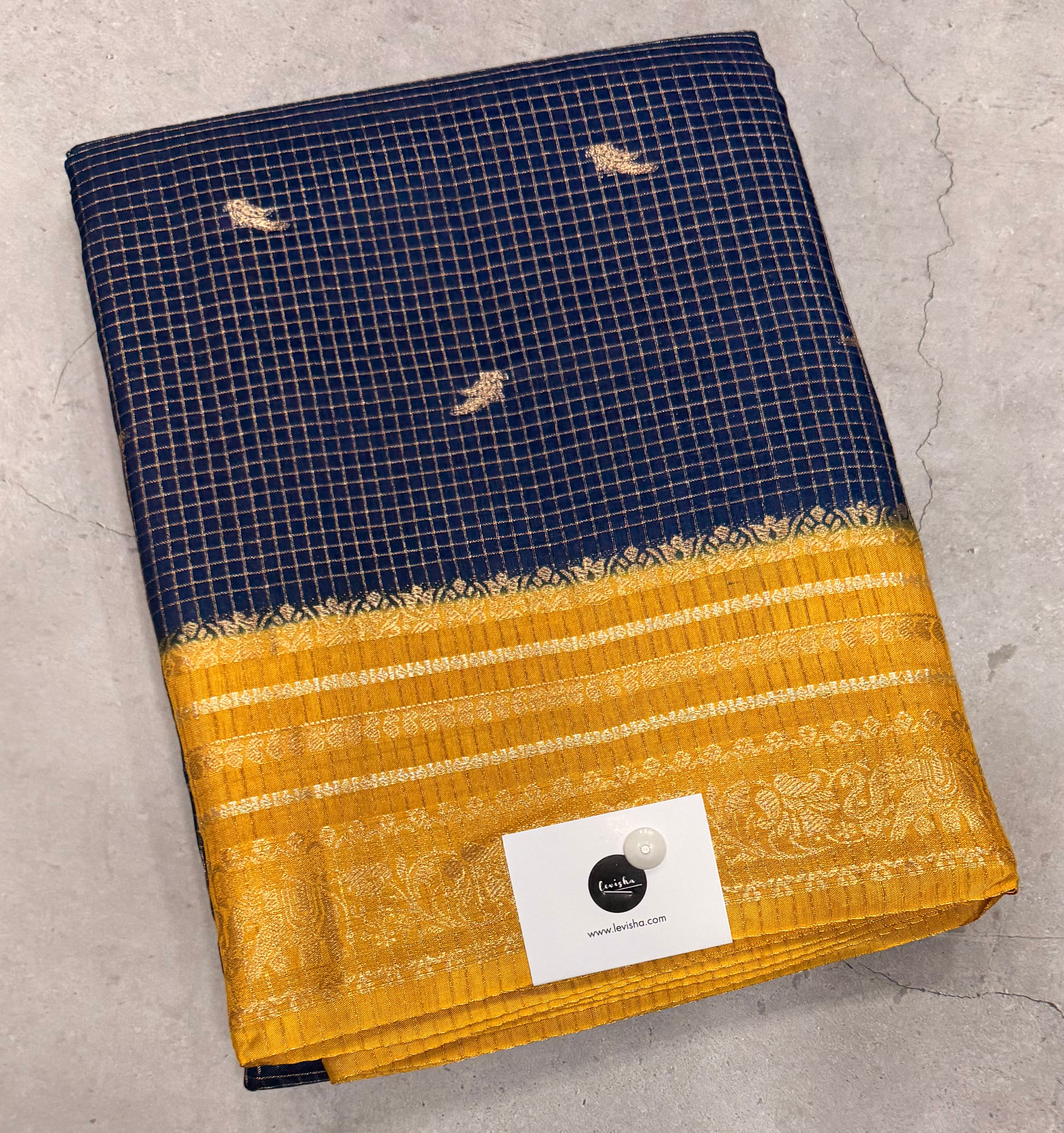 Peacock blue contrast border checks Dola crepe saree