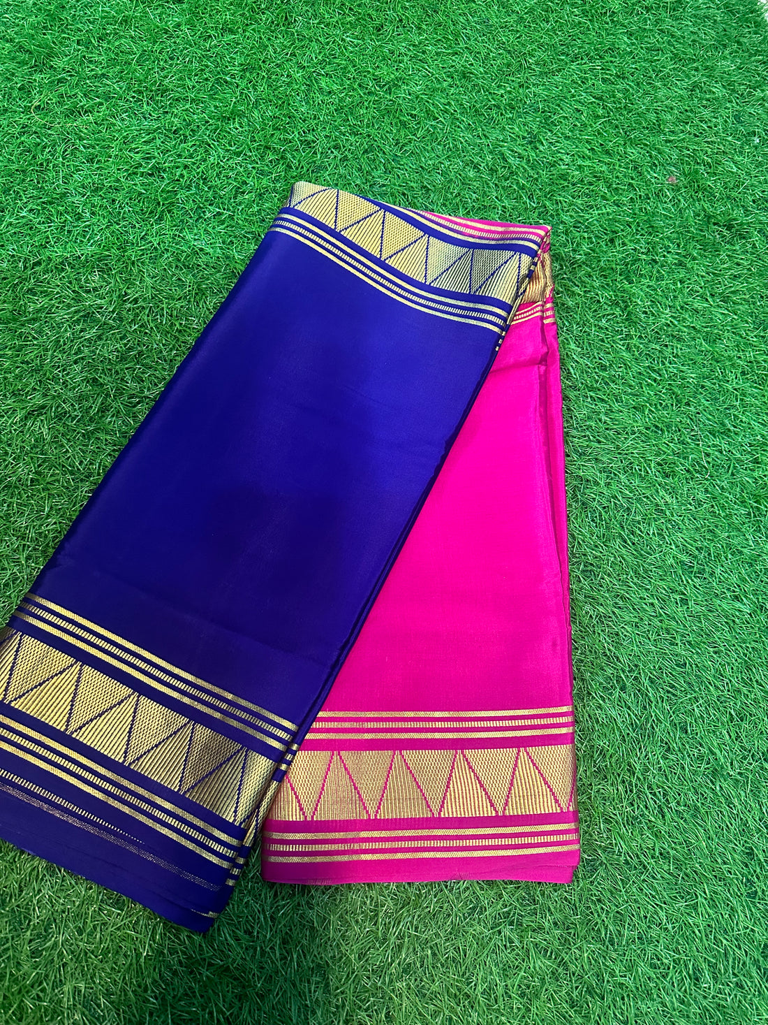 Blue and pink half and half Mysore Silk sarees.