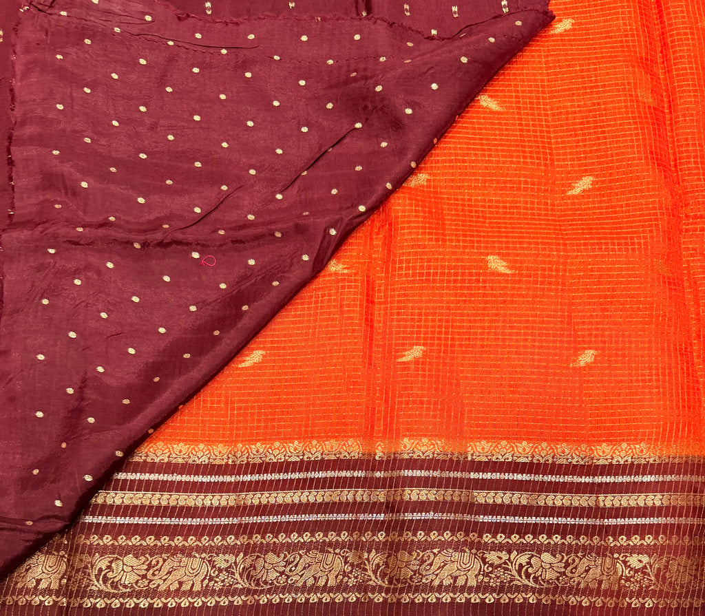 Orange contrast border checks Dola crepe saree