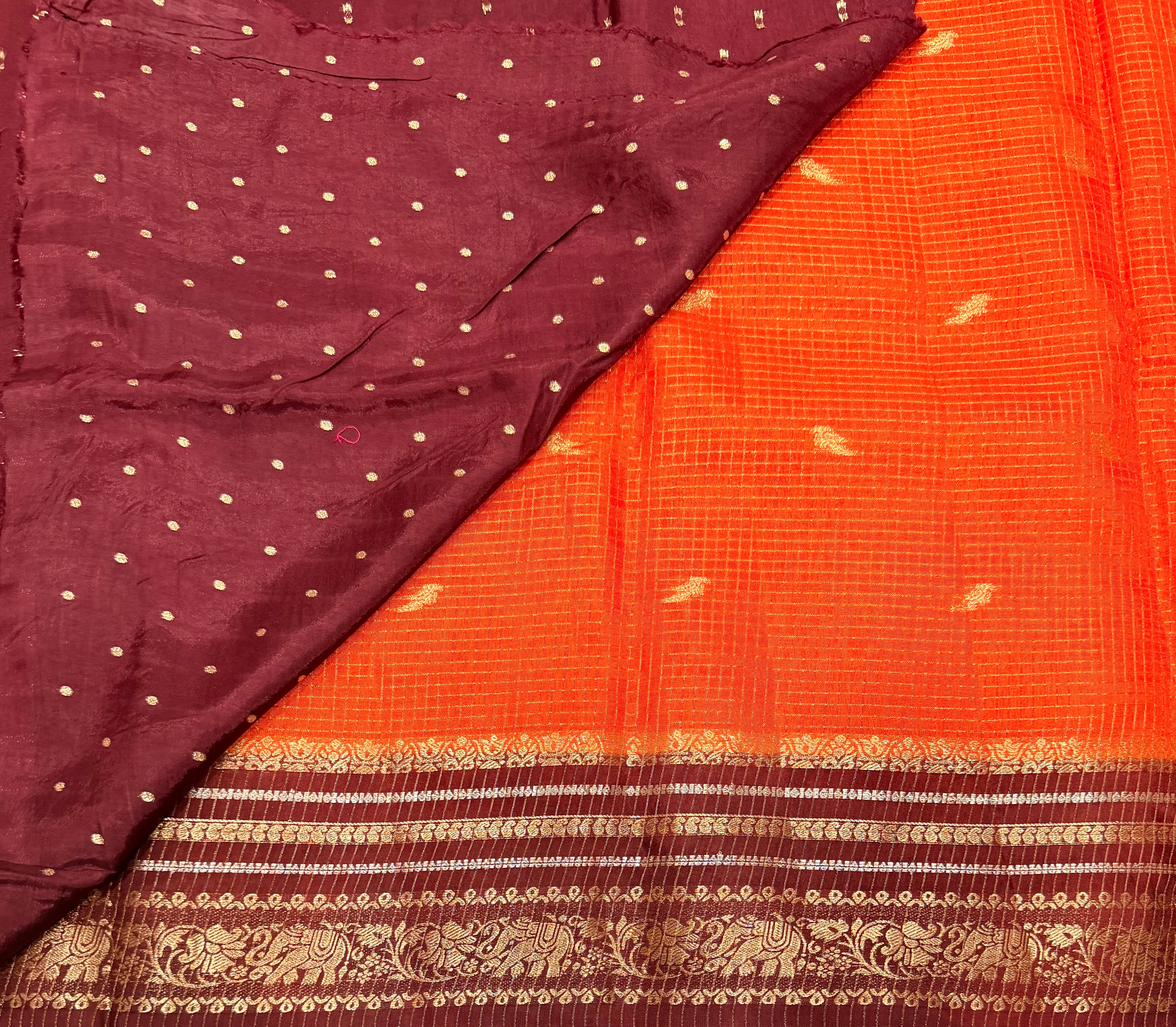 Orange contrast border checks Dola crepe saree
