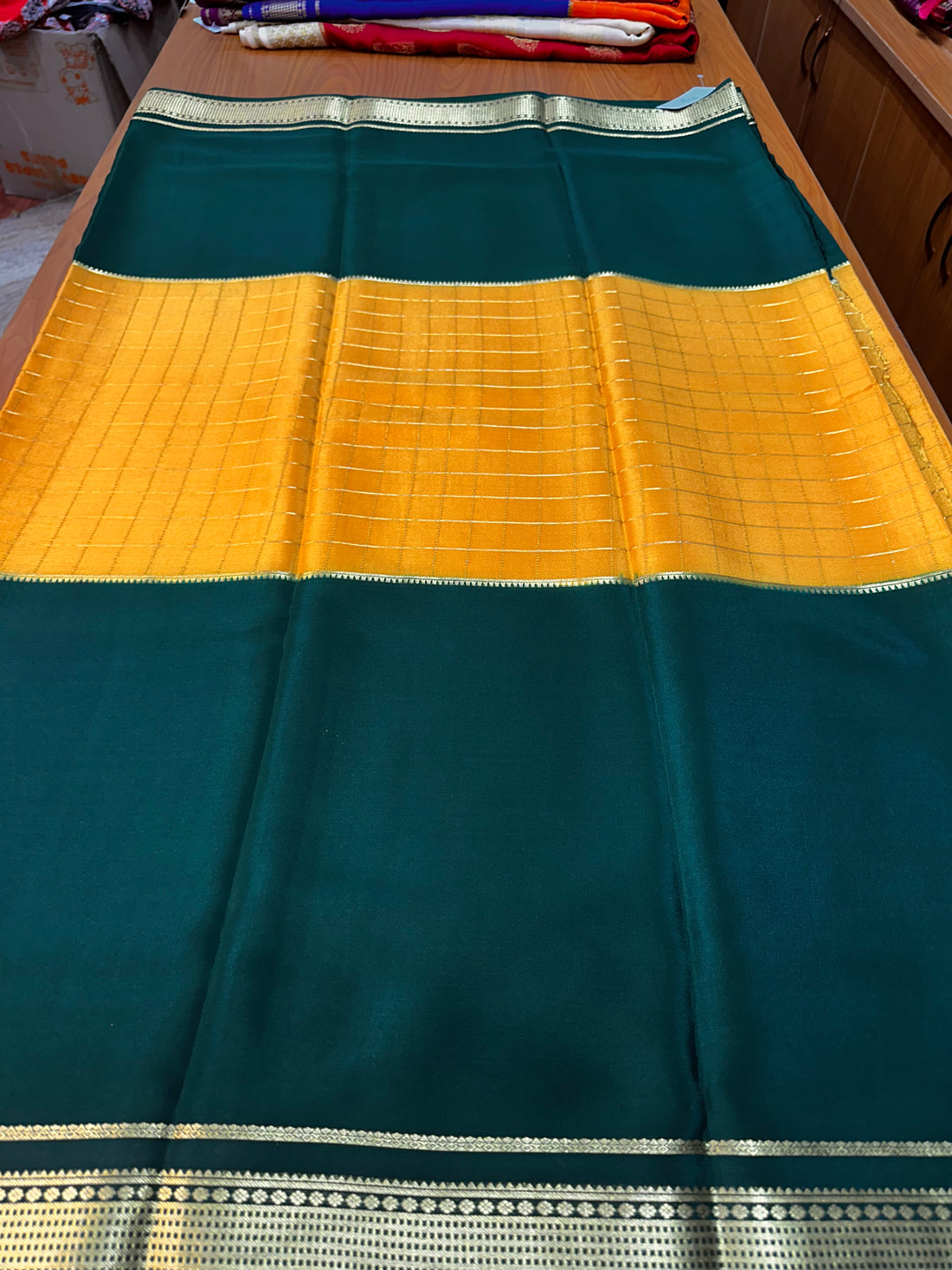 Mustard and bottle green pure crepe Mysore Silk 120 gsm
