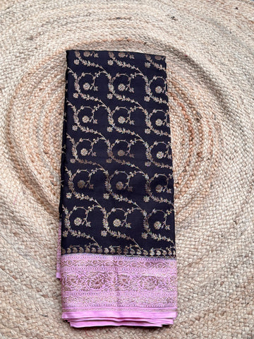 Blue and pink Banarasi Crepe Chiffon in Jaal Pattern